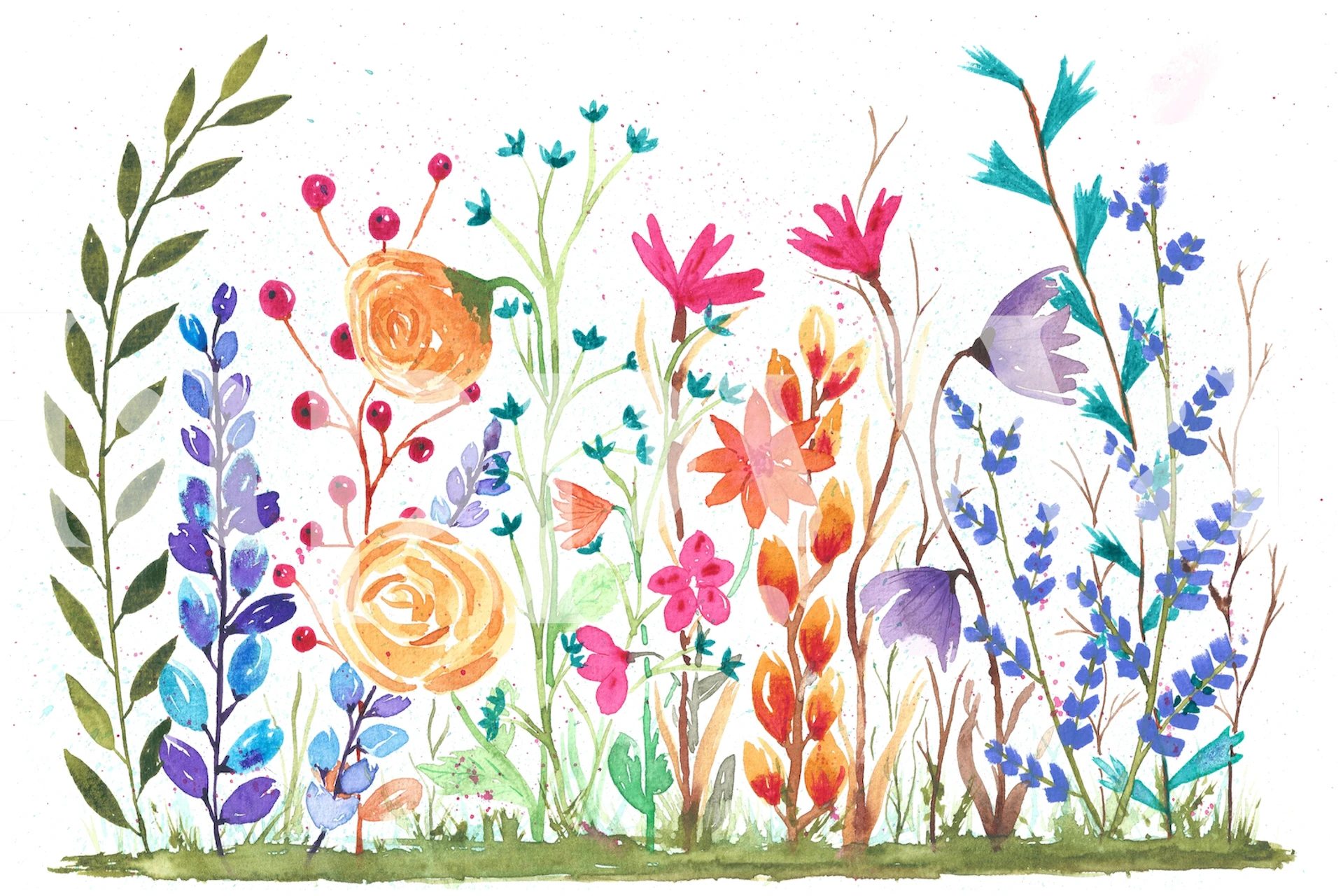 Watercolor Garden 2-tapet med fargerike blomster i akvarellstil