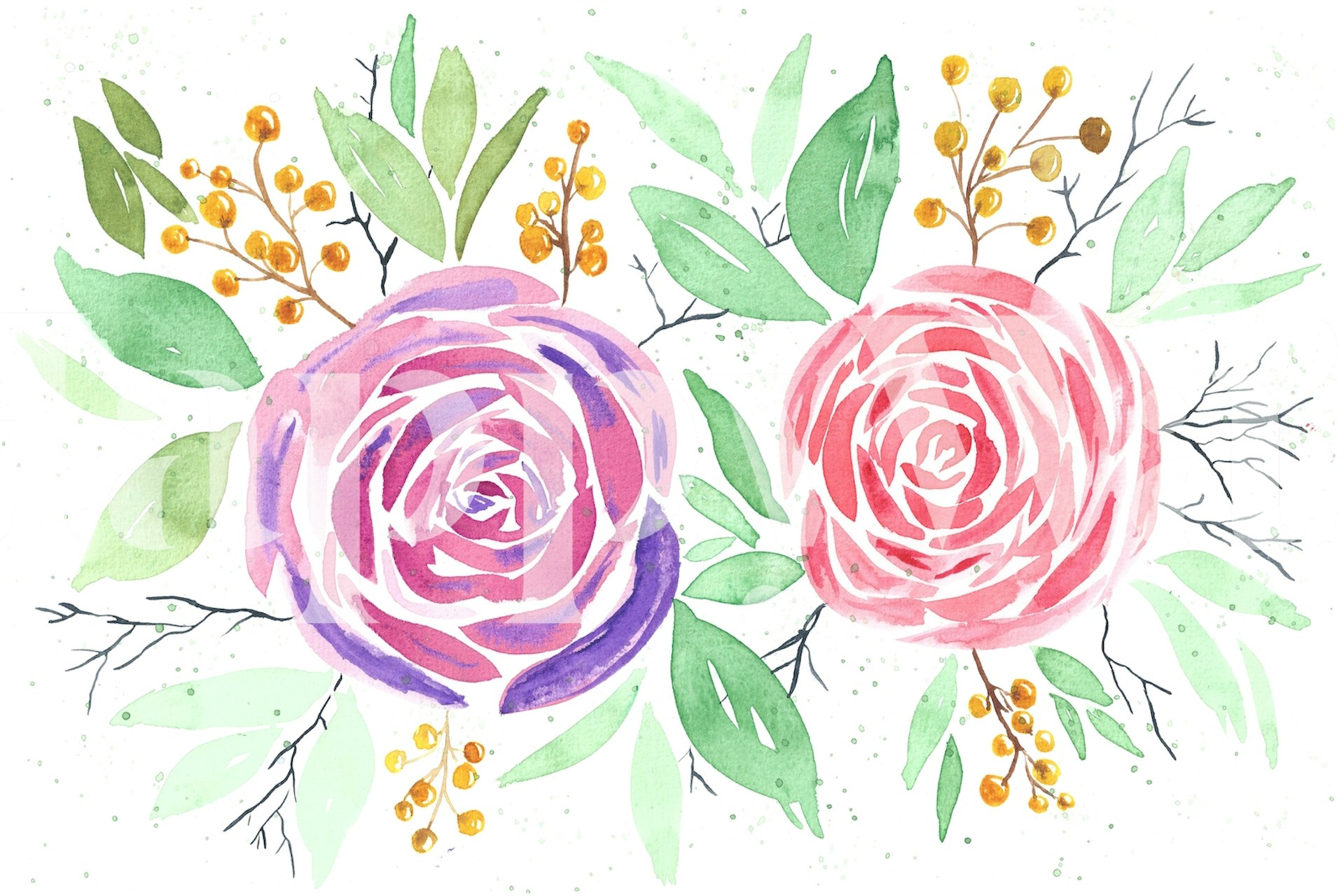 Artistic watercolor roses wall mural with soft pink and purple shades