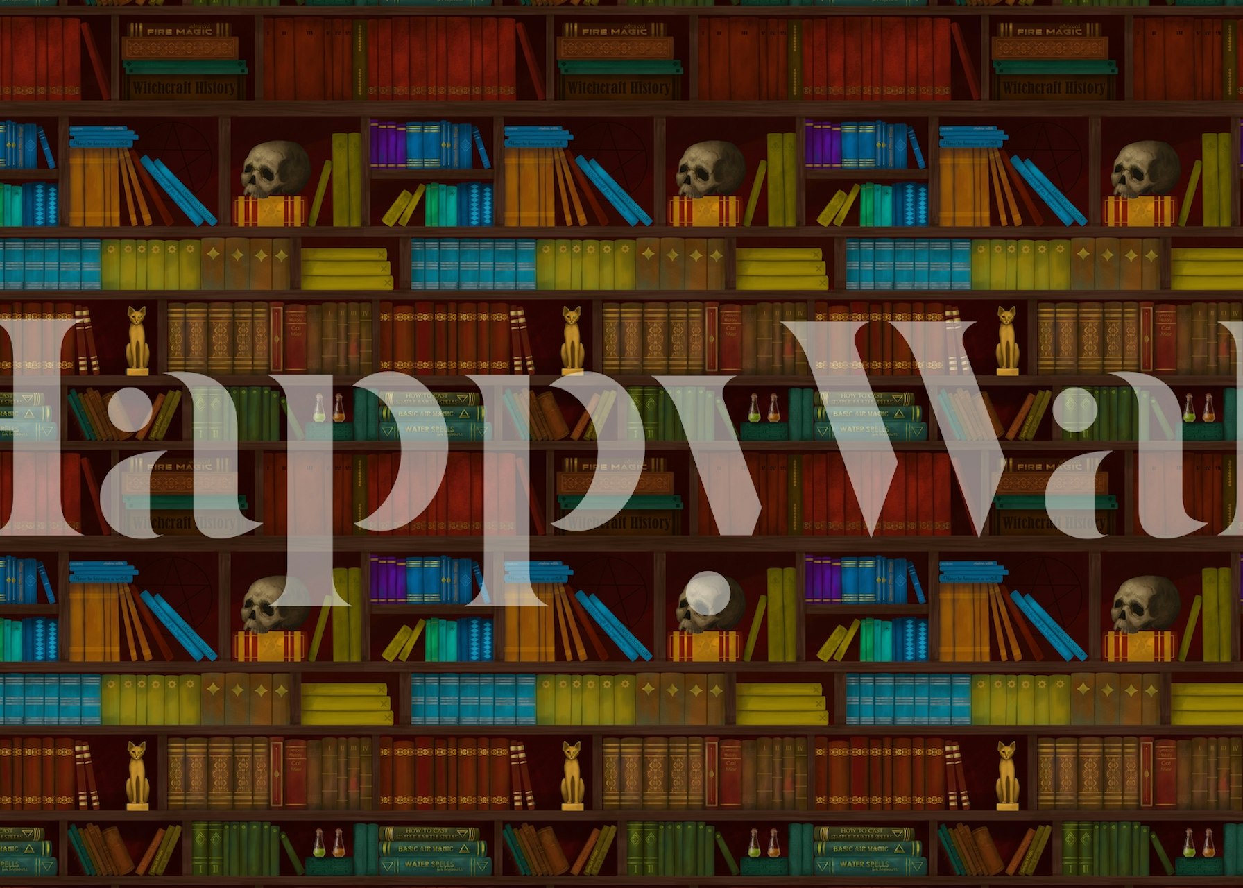 Colorful bookshelves with skulls and vintage decor wallpaper