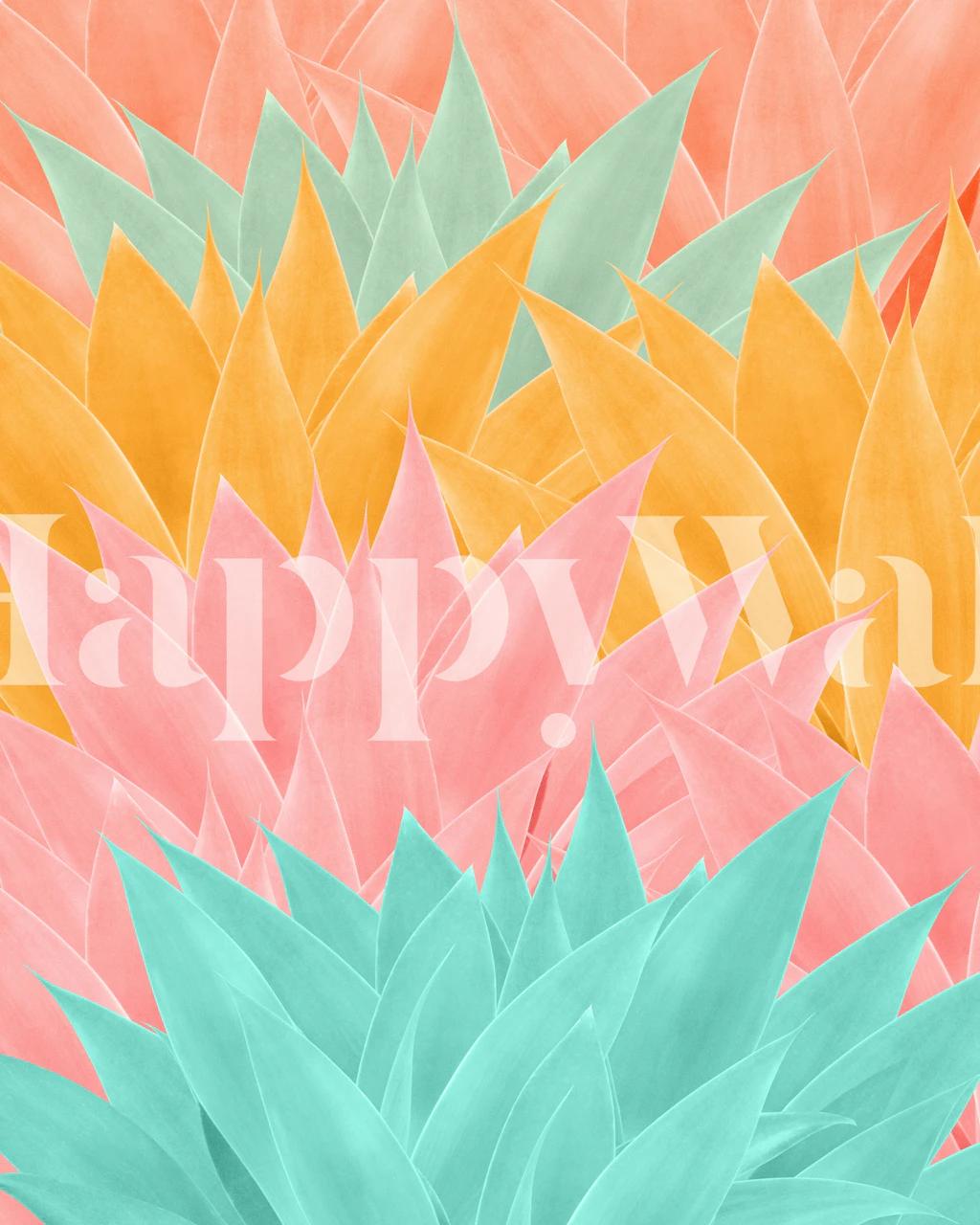 Värikäs agave-lehtikuvioinen seinämaalaus vaaleanpunaisen, keltaisen ja aquan sävyissä nykyaikaiseen sisustukseen.