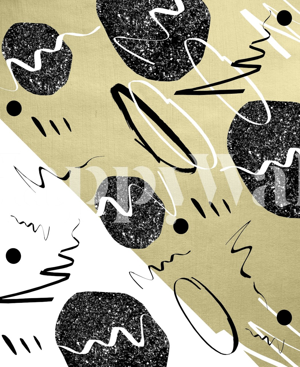 Guld, svart och vit abstrakt geometrisk väggmålning