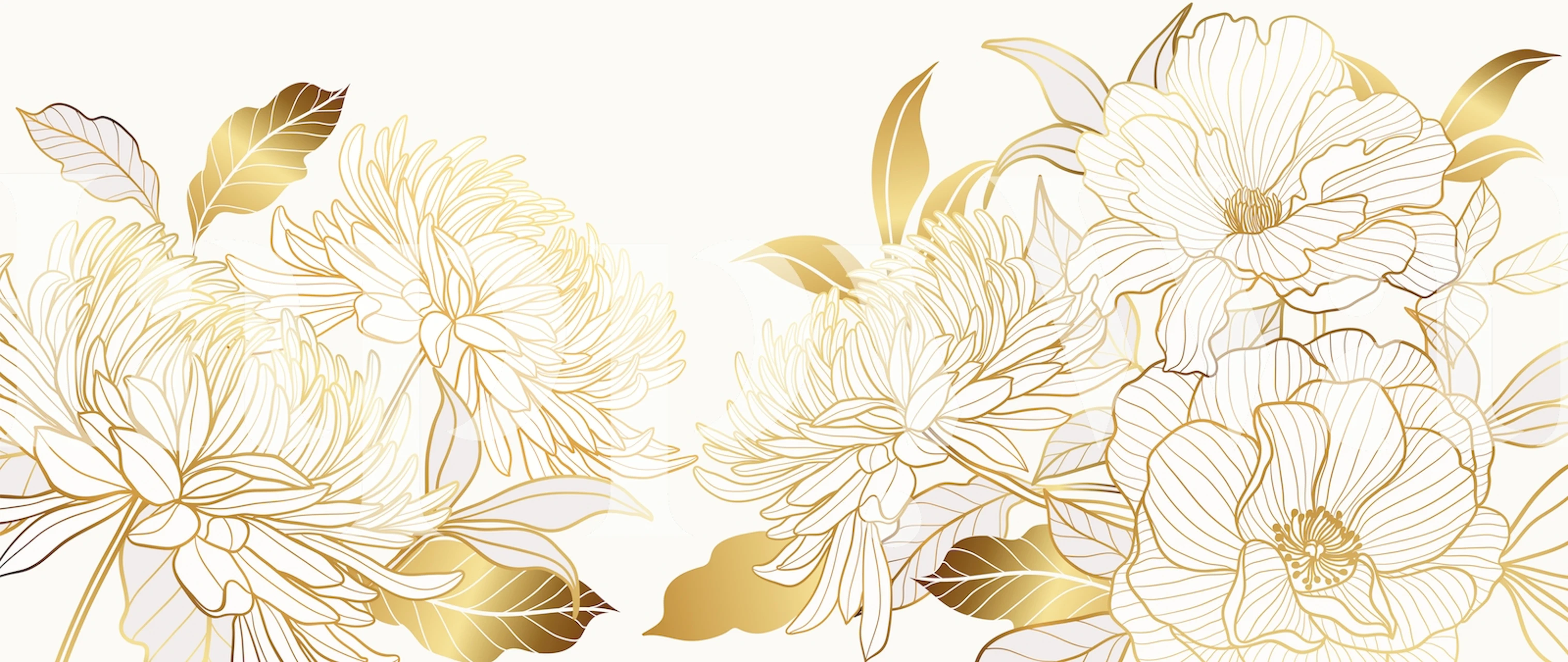 Gold floral design featuring peonies and chrysanthemum on a light background wallpaper