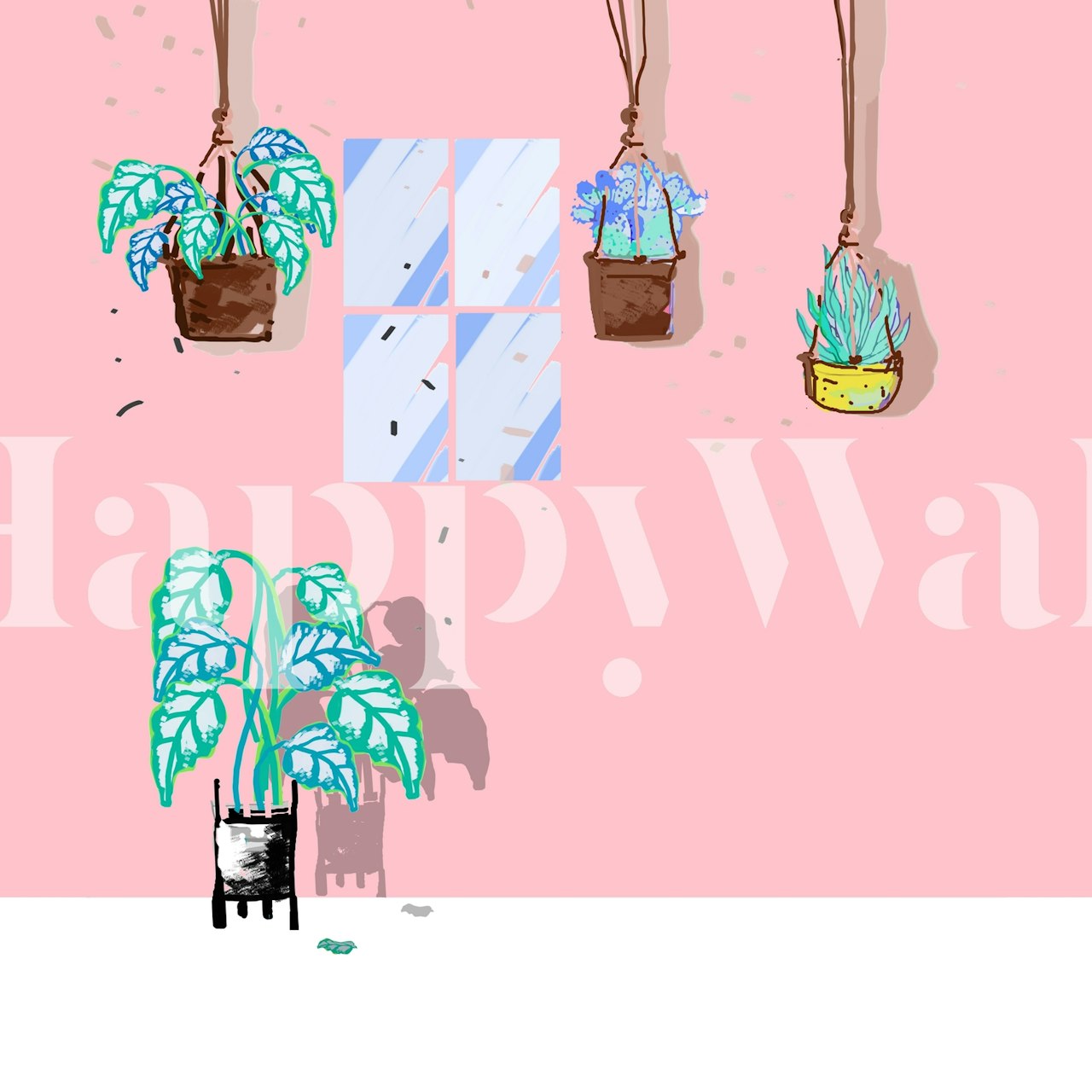 Pink wallpaper with hanging plants and a window, botanical style