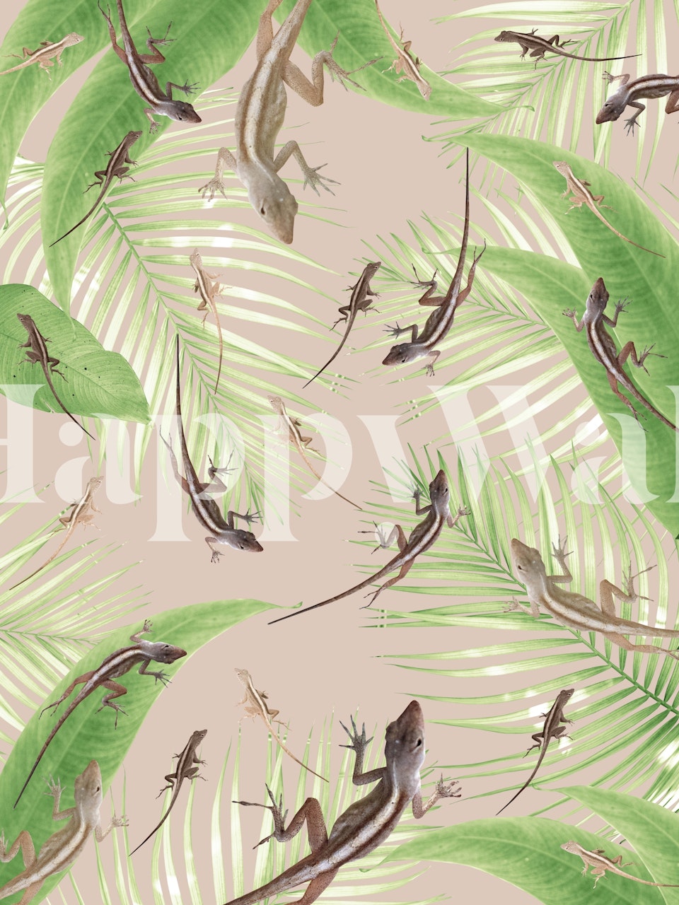 Tropical wallpaper featuring geckos and green leaves