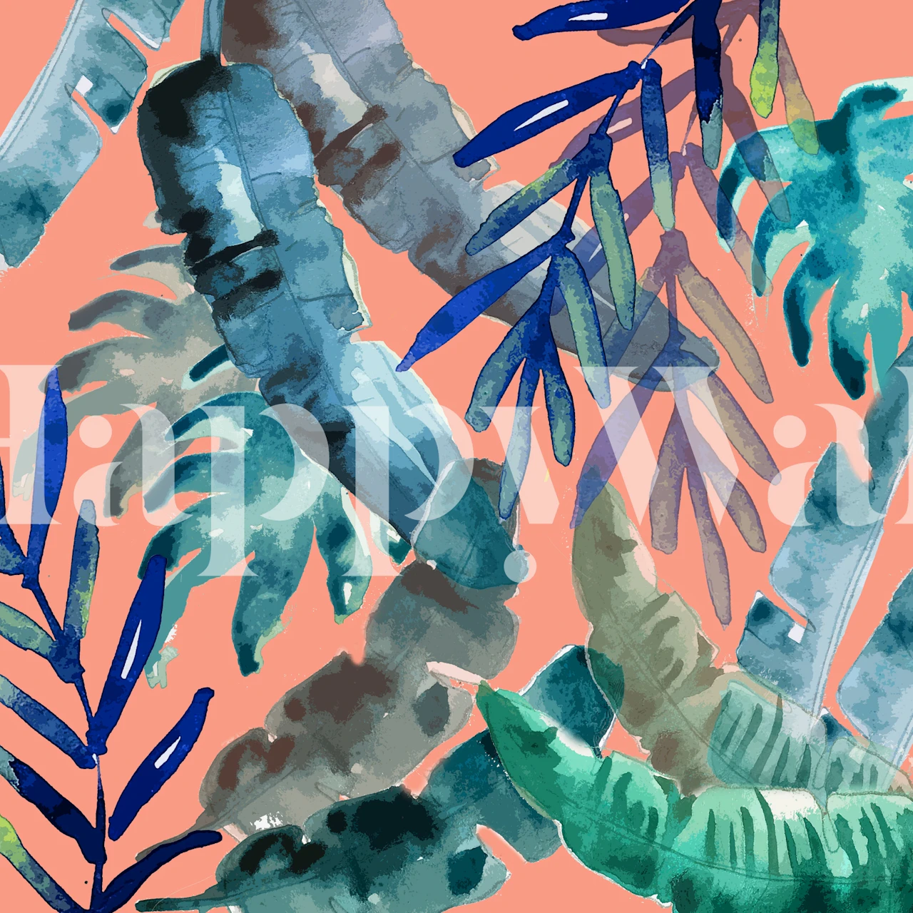 A watercolor-style wall mural with tropical leaves in blue, green, and coral hues on a pink background.