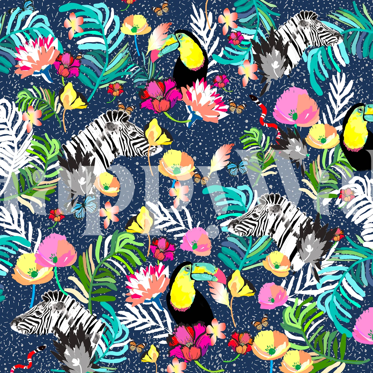 Tropical jungle wallpaper with zebras and toucans, colorful flowers, and leaves on a navy background.