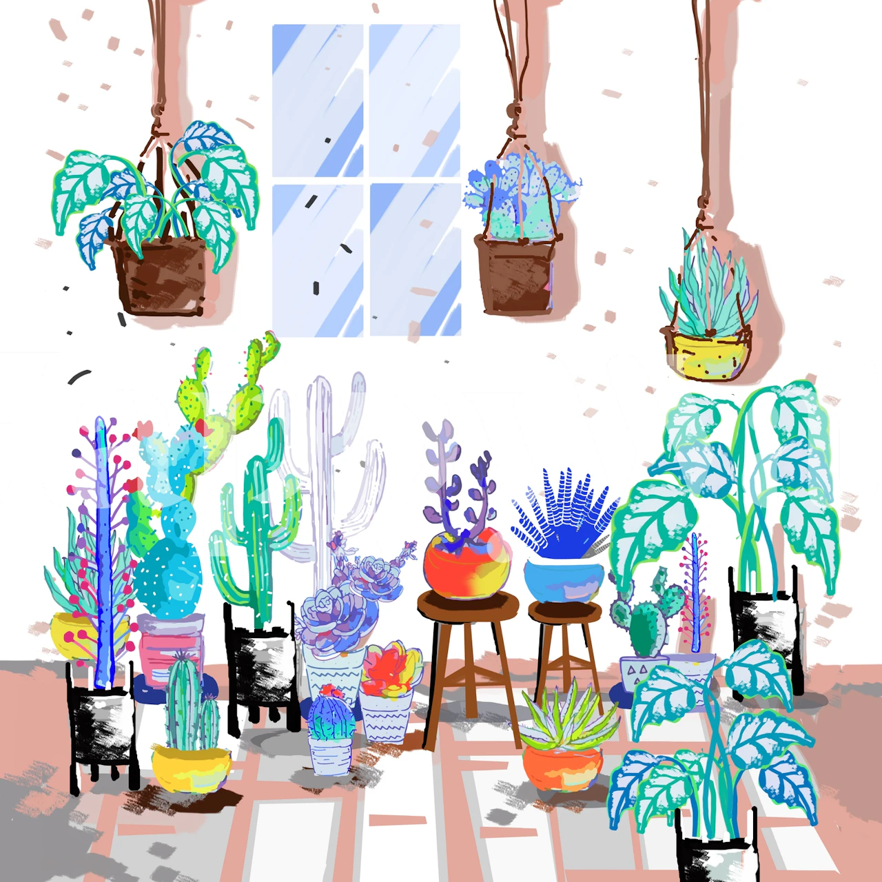 Illustrated house plants wall mural with various indoor greenery