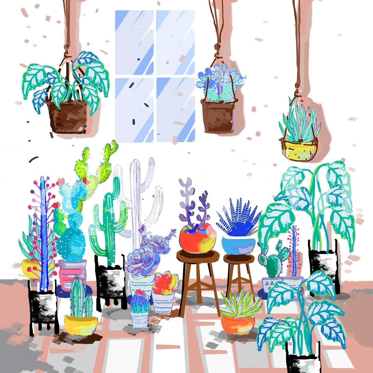 Illustrated house plants wall mural with various indoor greenery