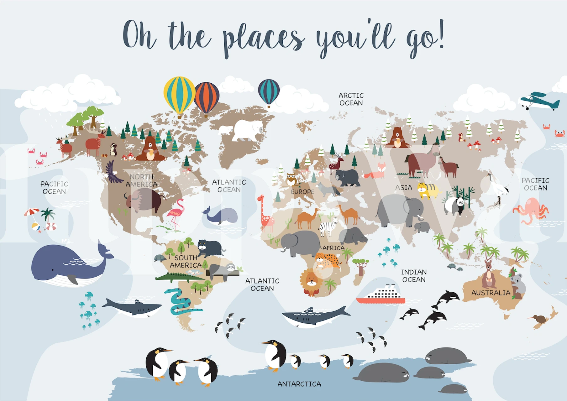 Map with animals and hot air balloons in soft colors wallpaper