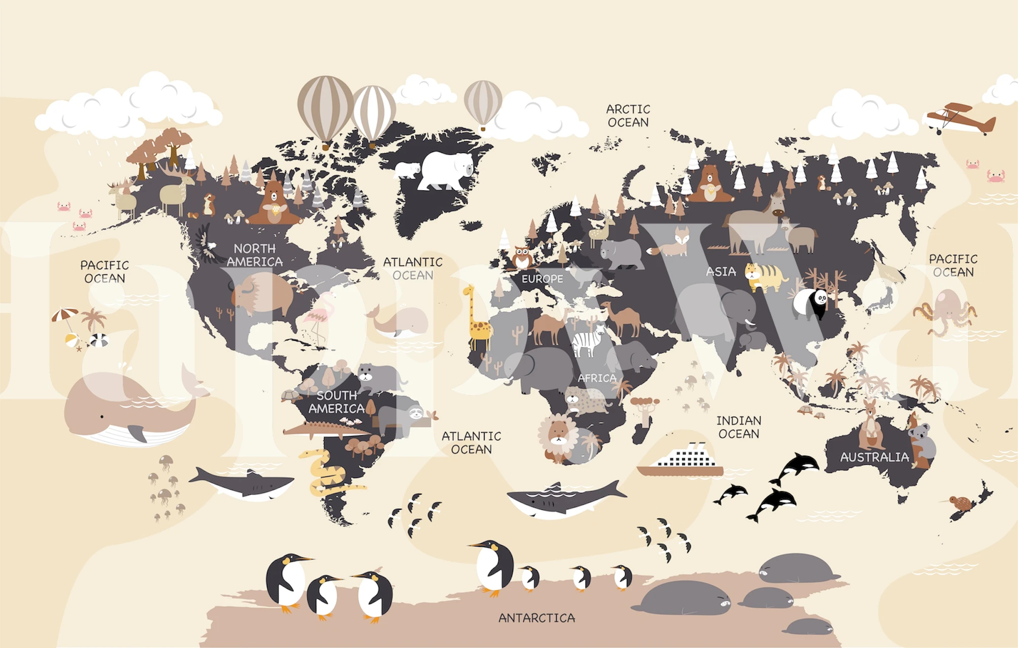 Colorful world map featuring animals and landmarks. Playroom wallpaper.