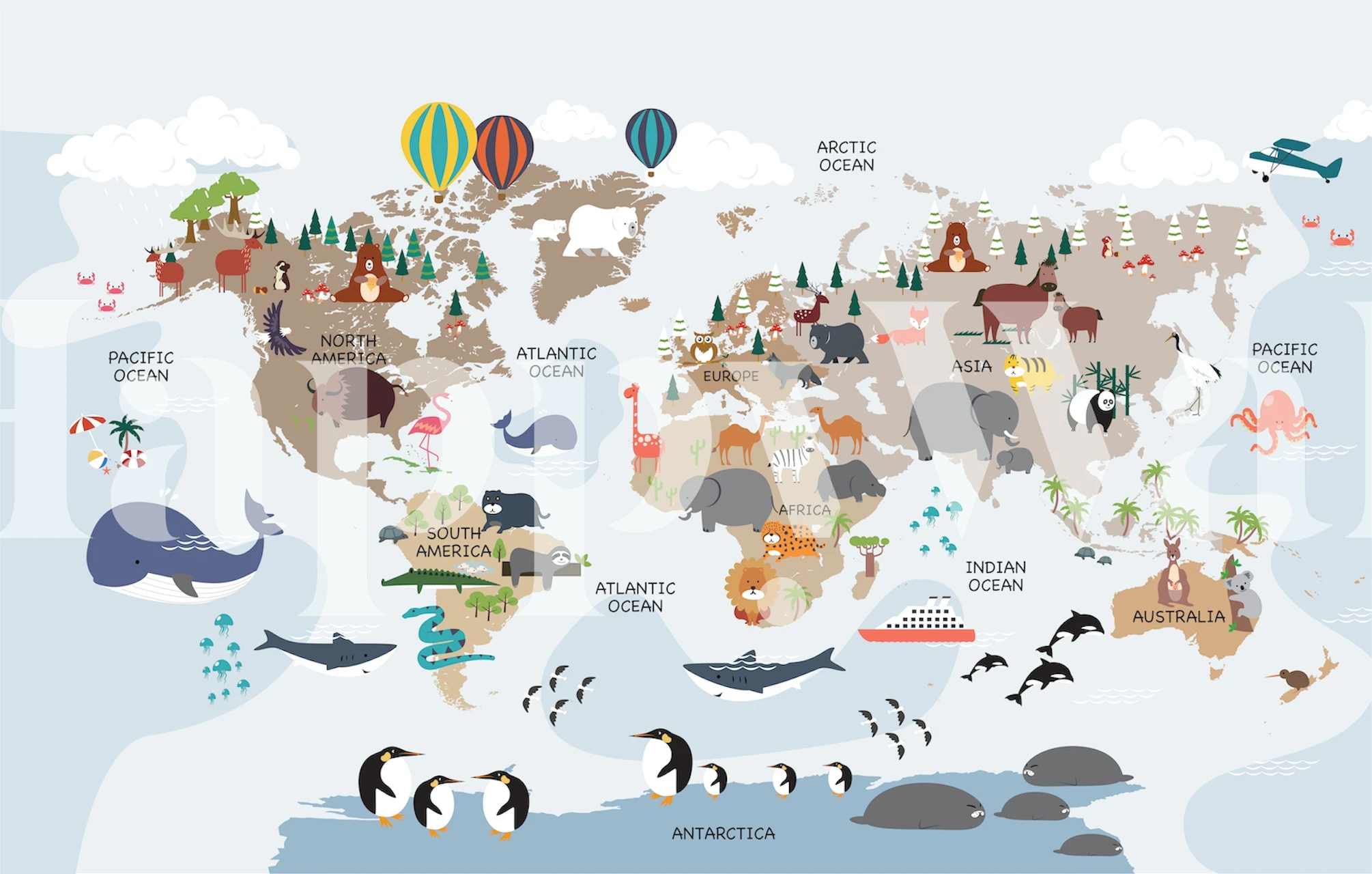 Värikäs ja opettavainen lasten maailmankartan seinämaalaus, jossa on sarjakuvaeläimiä ja maamerkkejä