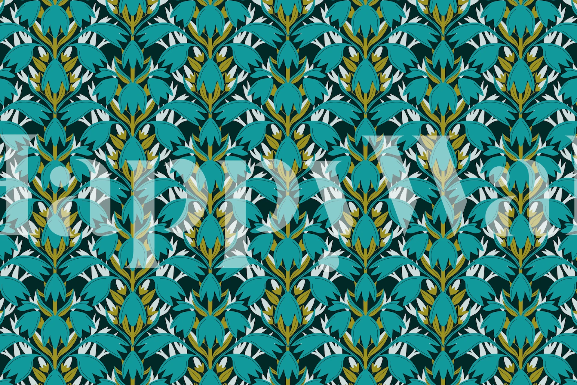 Teal floral patterned wallpaper with green and white accents