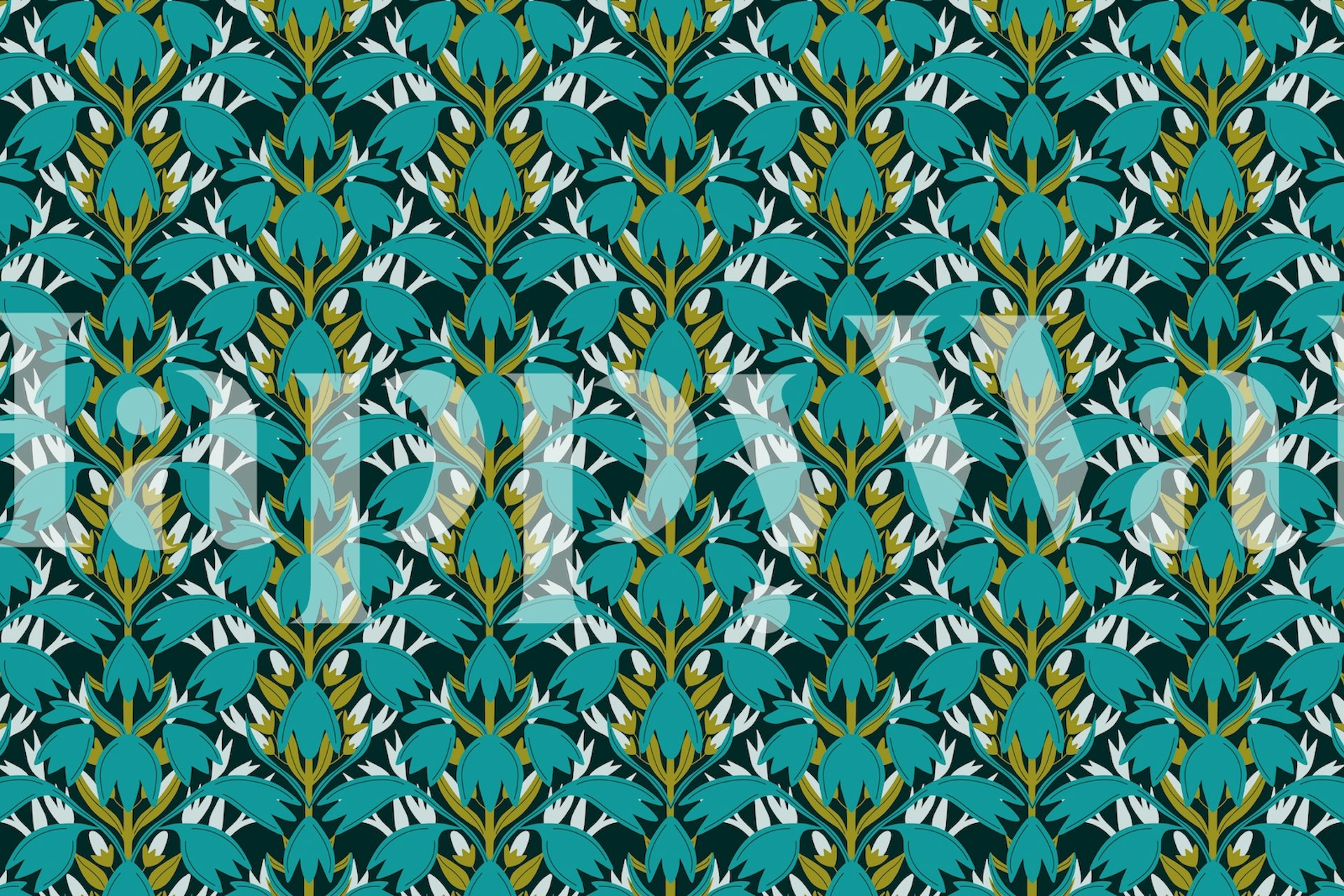 Teal floral patterned wallpaper with green and white accents
