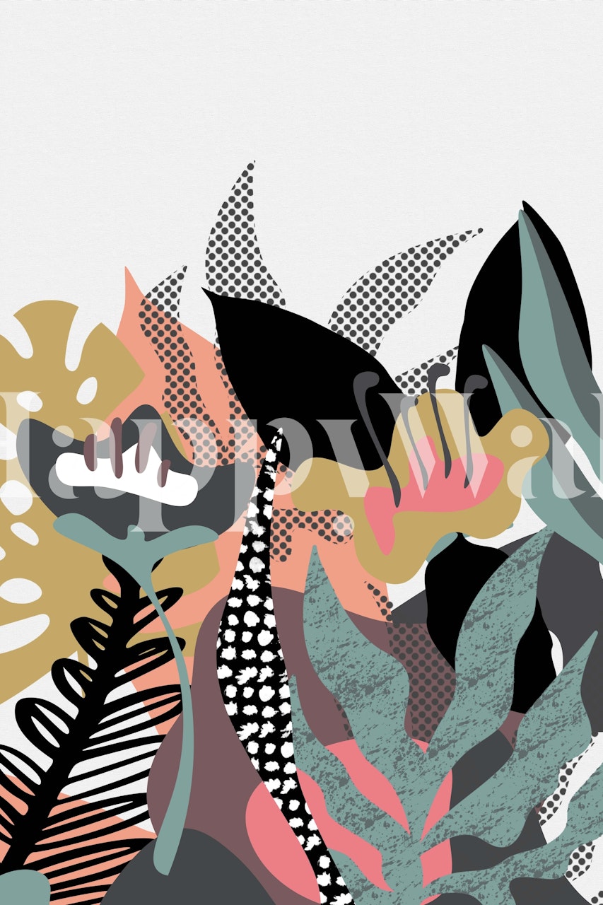 Vibrant tropical flower and leaf patterns in pink, green, and black wallpaper