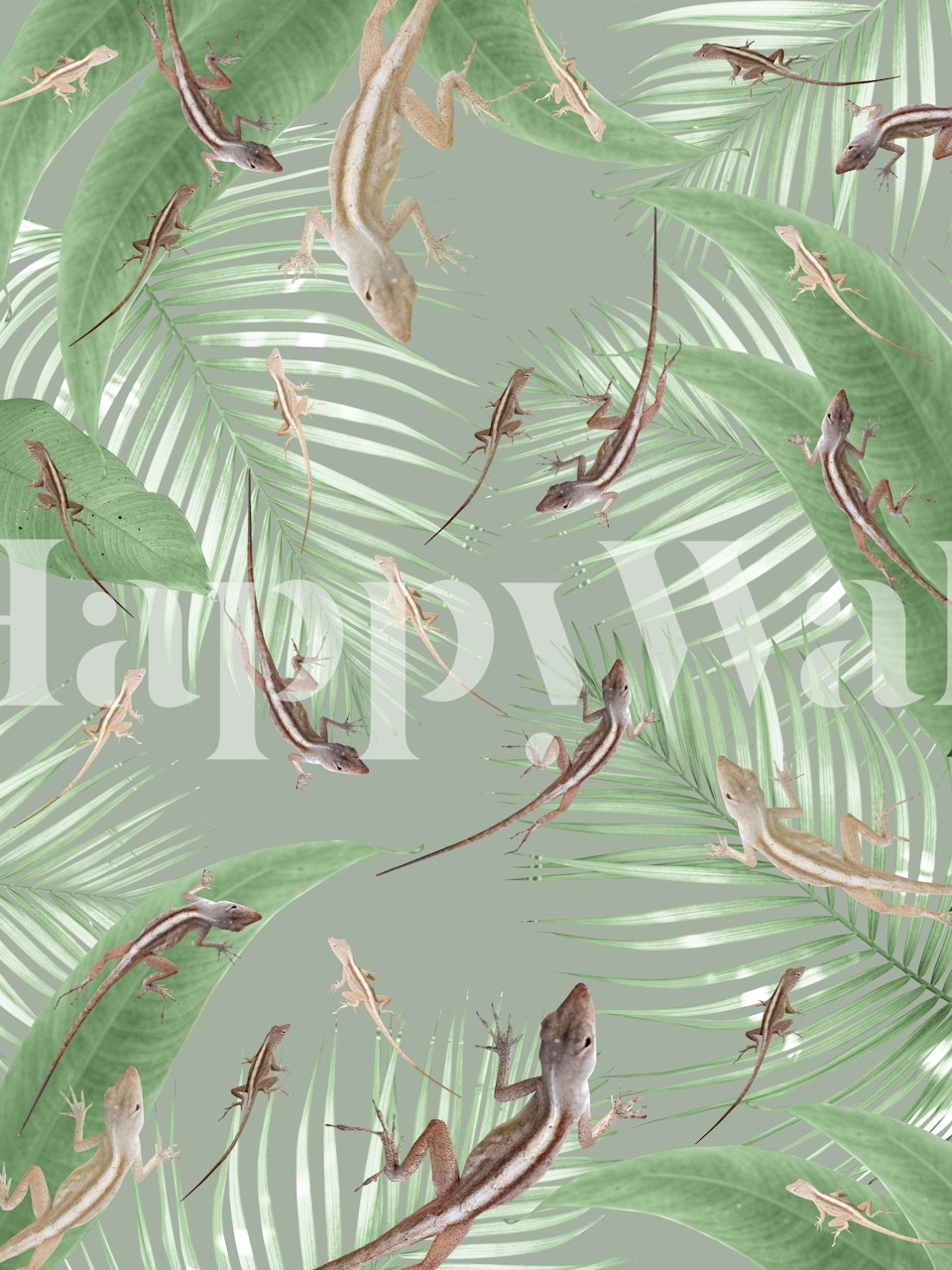 Gecko illustrations among green tropical leaves wallpaper