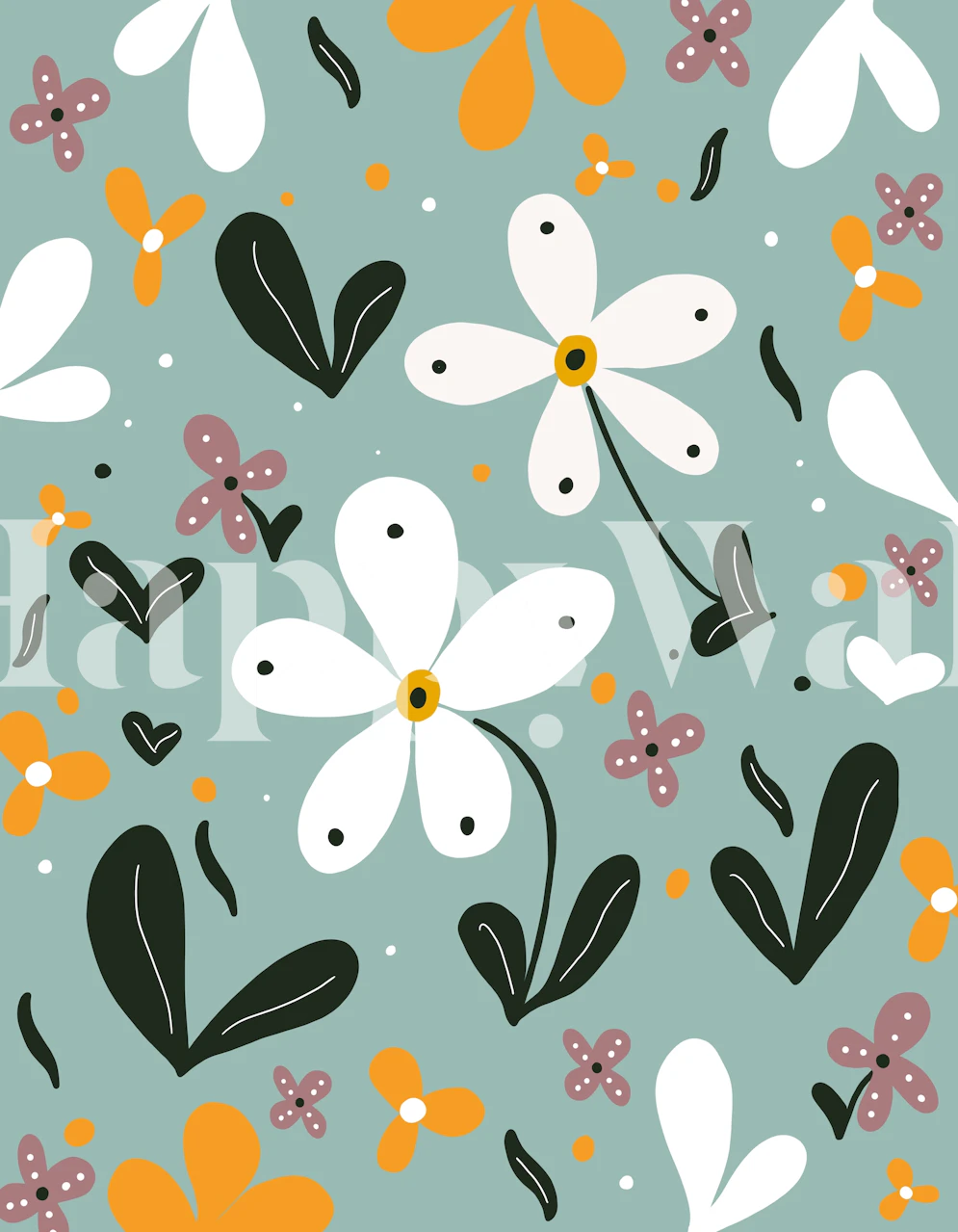 Colorful flowers and leaves in white, orange, and pink on a teal background wallpaper