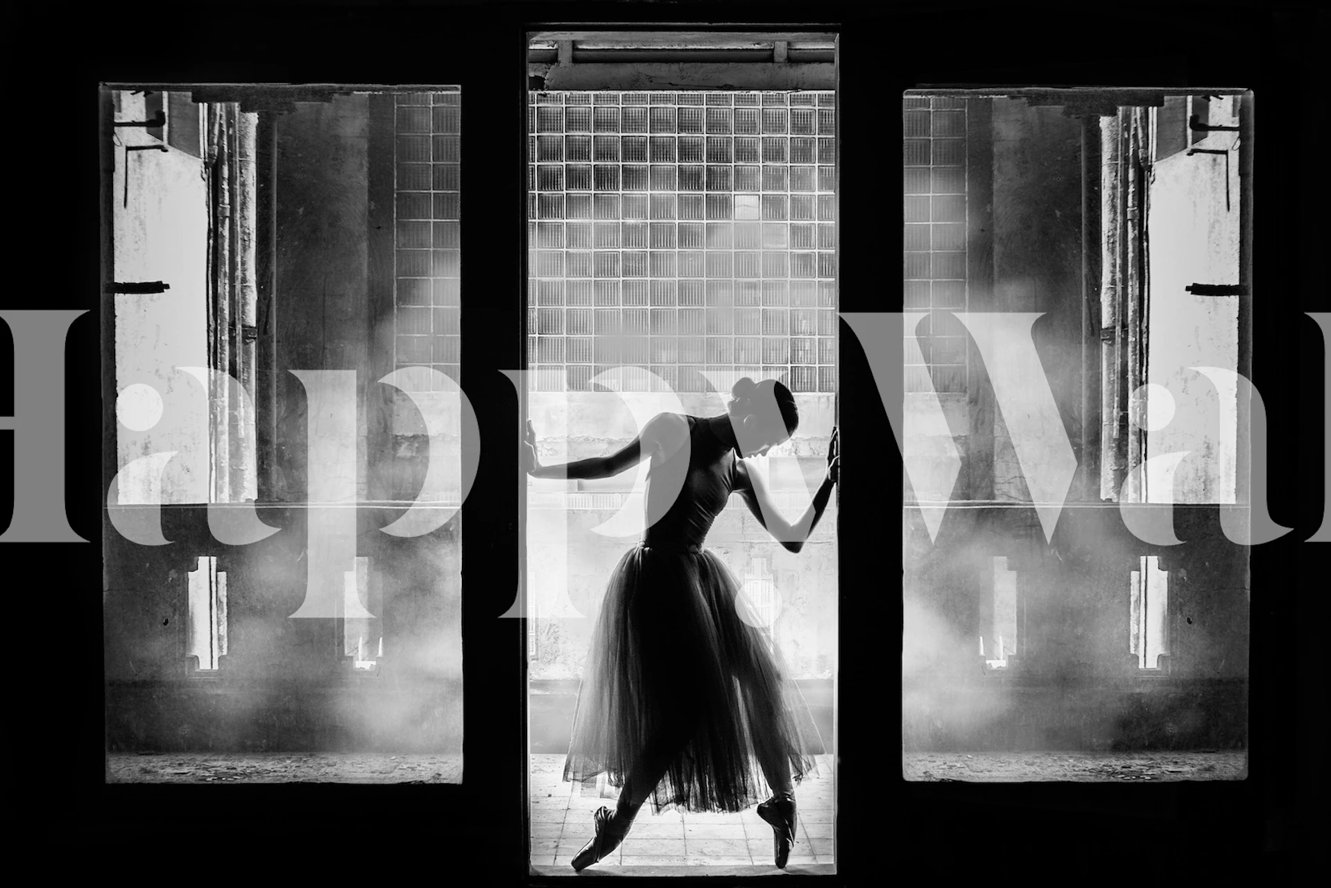 Ballerina silhouette in a doorway black and white wall mural