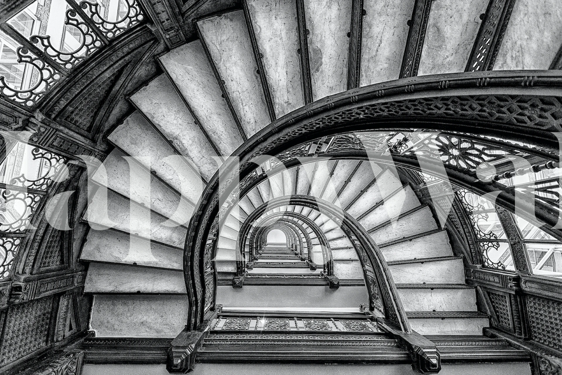 Black and white spiral staircase wallpaper with intricate patterns
