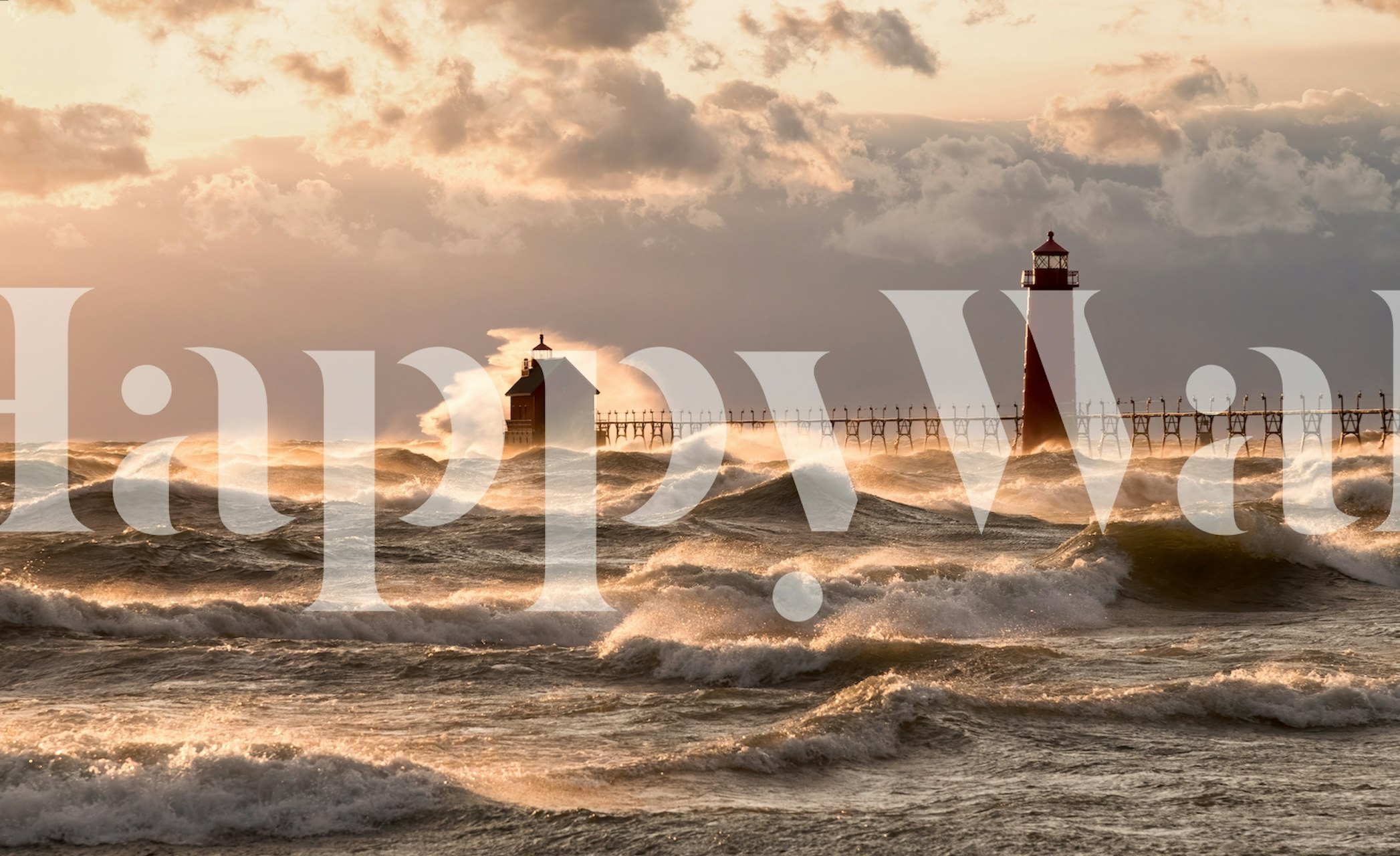 Dynamic ocean waves and a lighthouse against stormy sky wallpaper