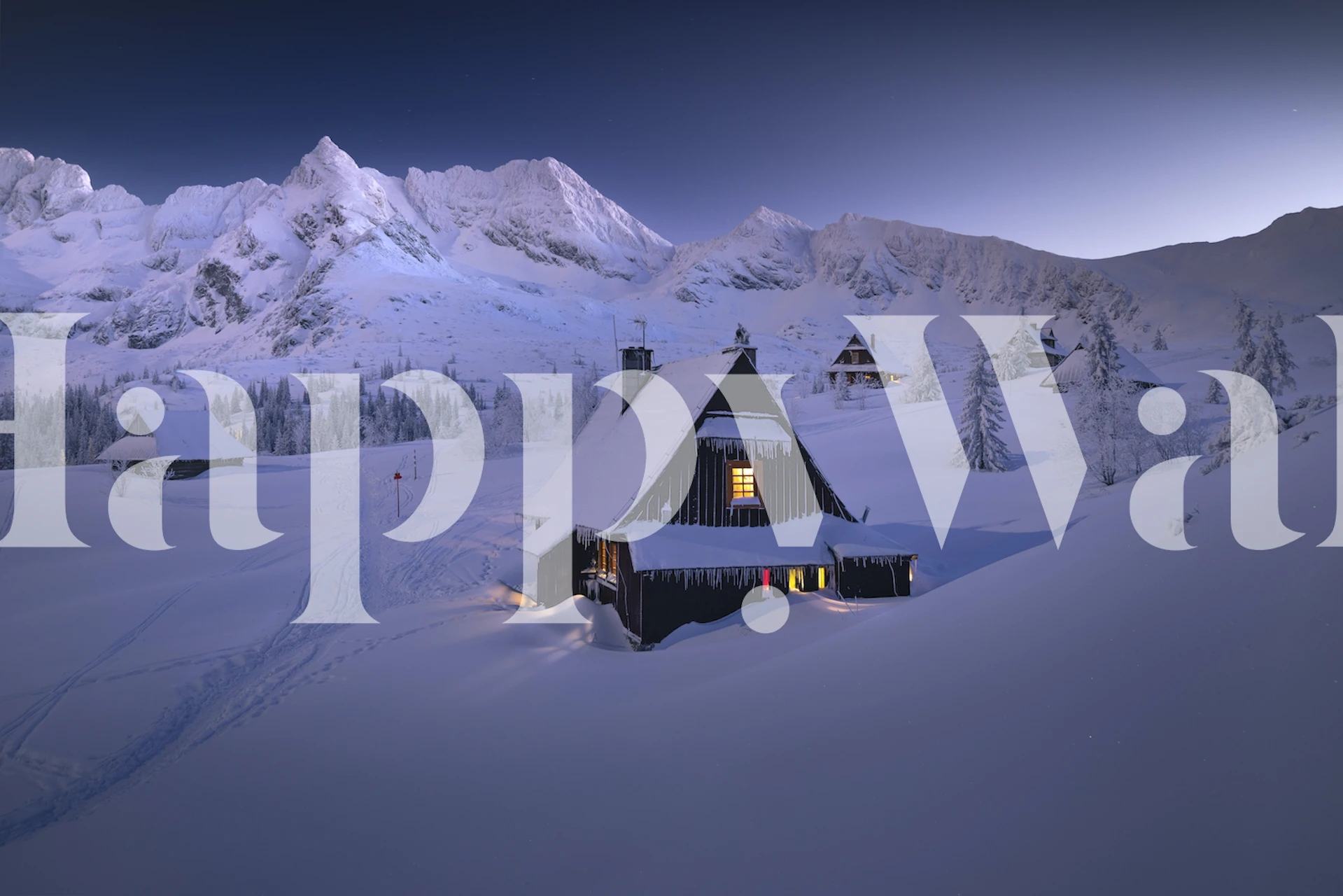 Fototapeta Útulná zimní chata obklopená nedotčeným sněhem a soumrakovou oblohou