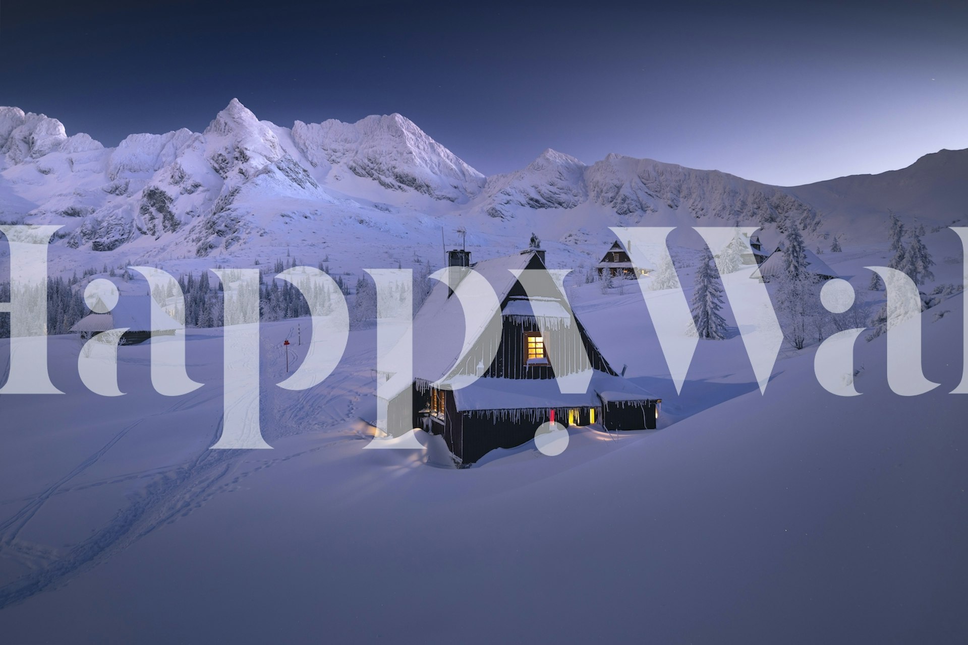 Accogliente murale per baita invernale circondato da neve incontaminata e cielo crepuscolare