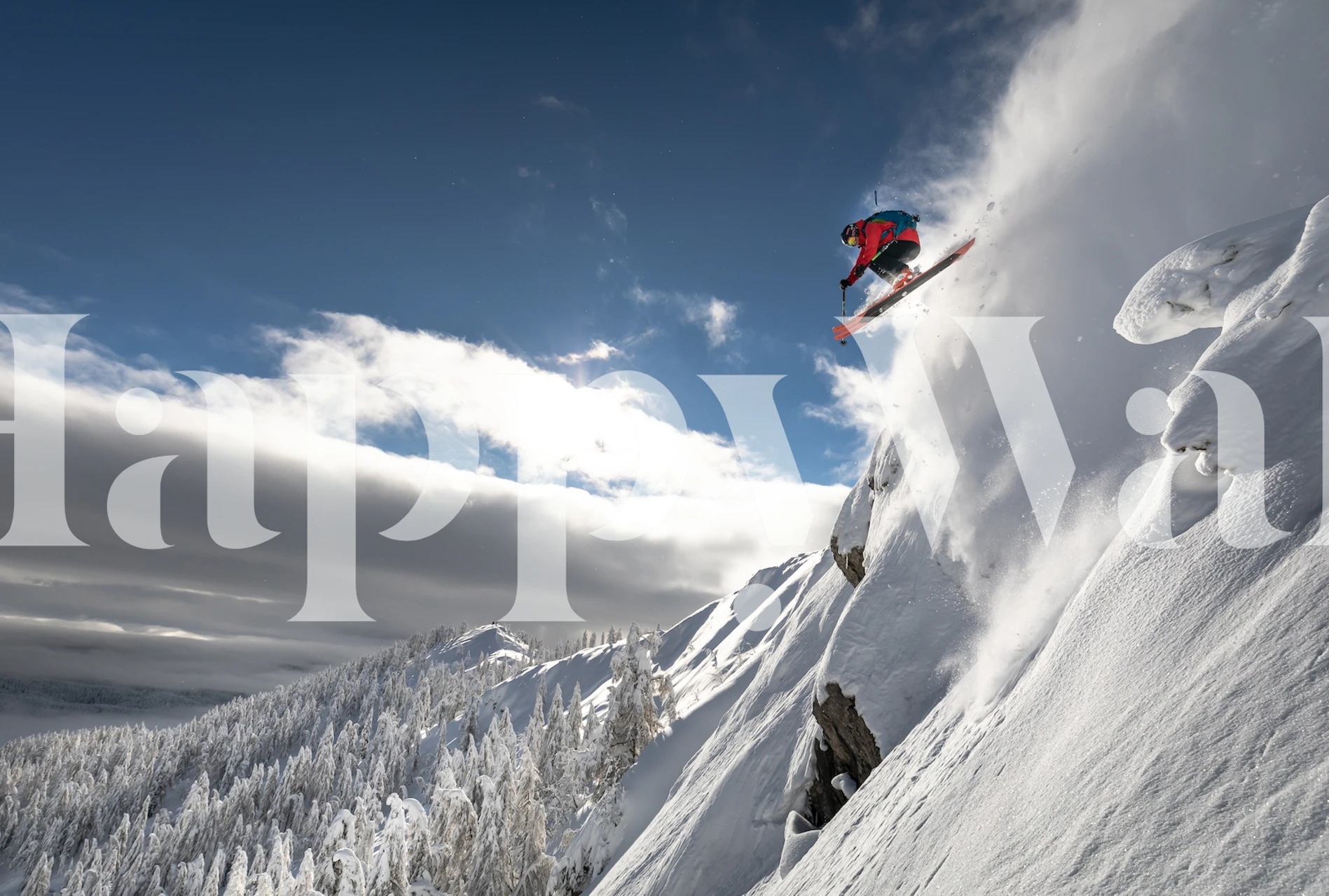 Fototapete Landschaft Skifahrer stürzt in tiefen schnee auf einem berg