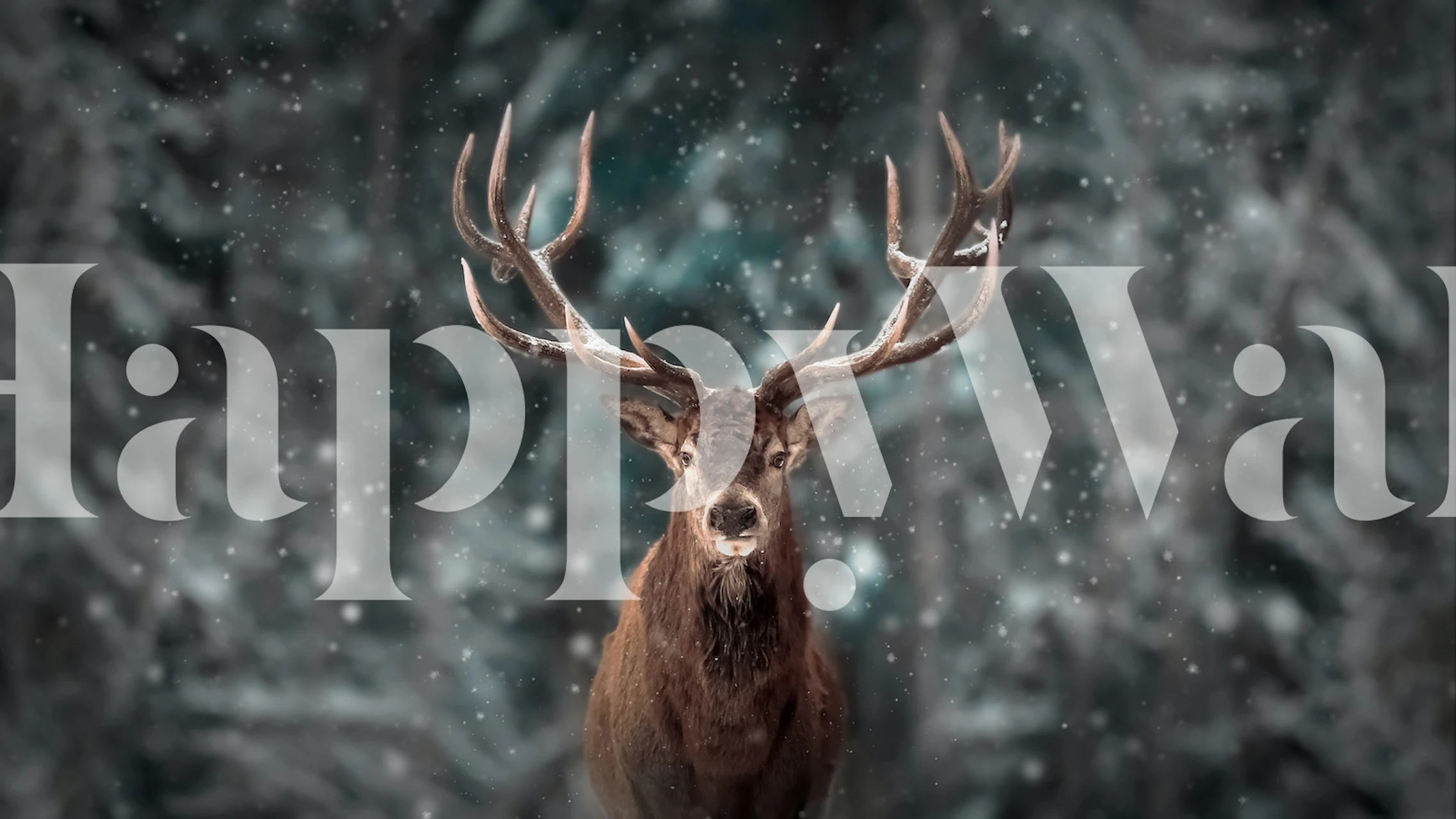 Realistic stag deer in a snowy forest background wallpaper