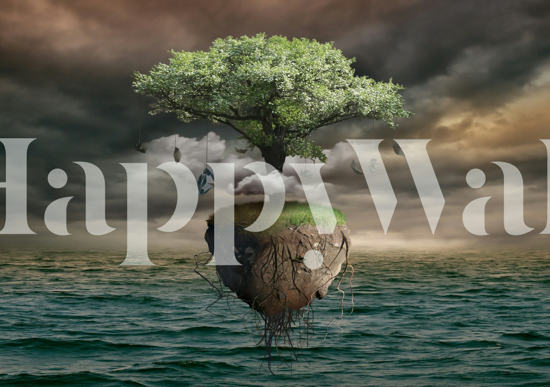 Fantasie muurschildering met een drijvend eiland en een enkele boom boven de oceaan onder een stormachtige lucht