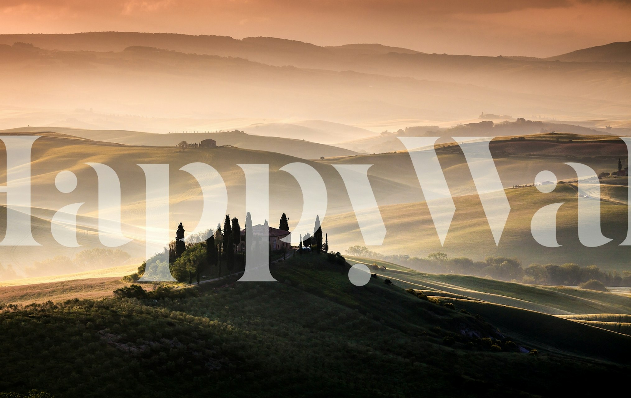 Tuscan landscape with rolling hills and a farmhouse silhouetted against a sunset, rustic style wallpaper