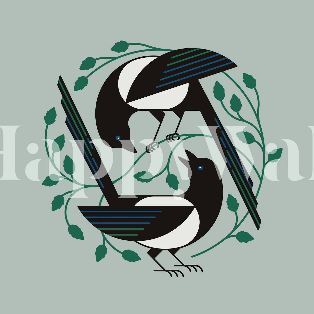 Stiliseret fugle og løv forår vægmaleri på en blød baggrund