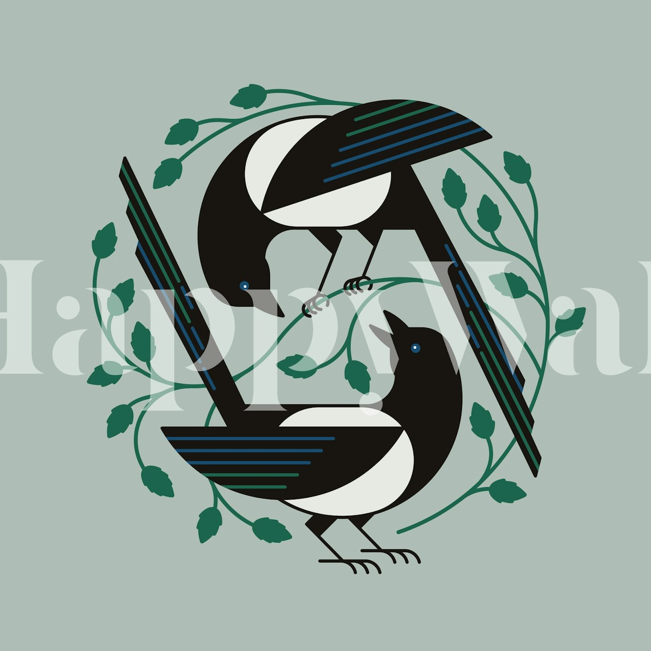 Uccelli stilizzati e fogliame murale primaverile su uno sfondo morbido