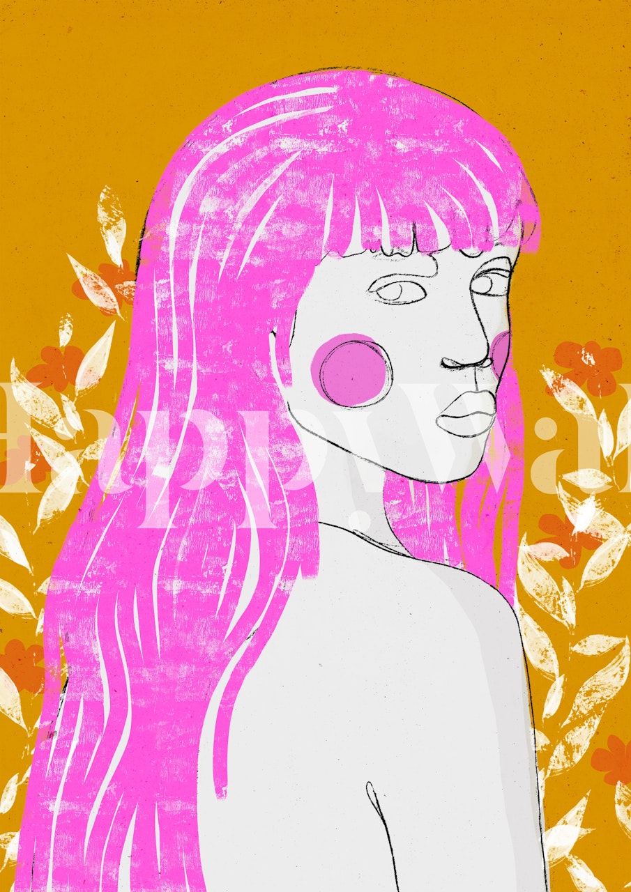 Stylized portrait of a woman with pink hair and floral elements in a yellow background wallpaper
