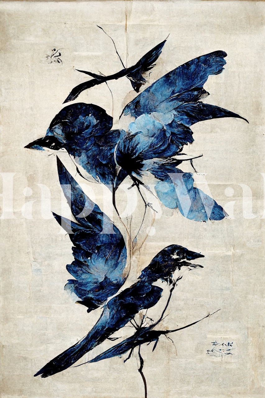 Blue birds and flowers in deep blue tones on beige wallpaper