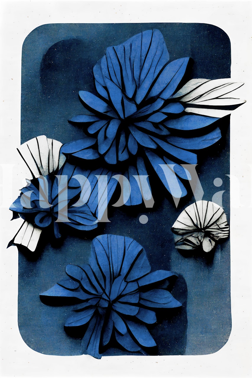 Fotomural artístico de flores azules con flores estilizadas sobre un fondo azul marino.