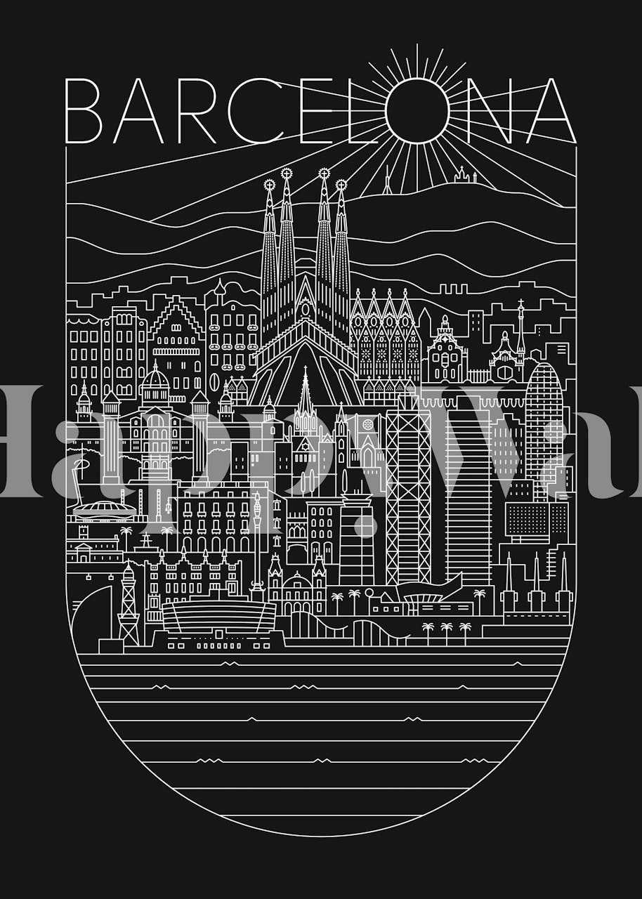 Line art wall mural depicting Barcelona's cityscape with highlights like Sagrada Familia