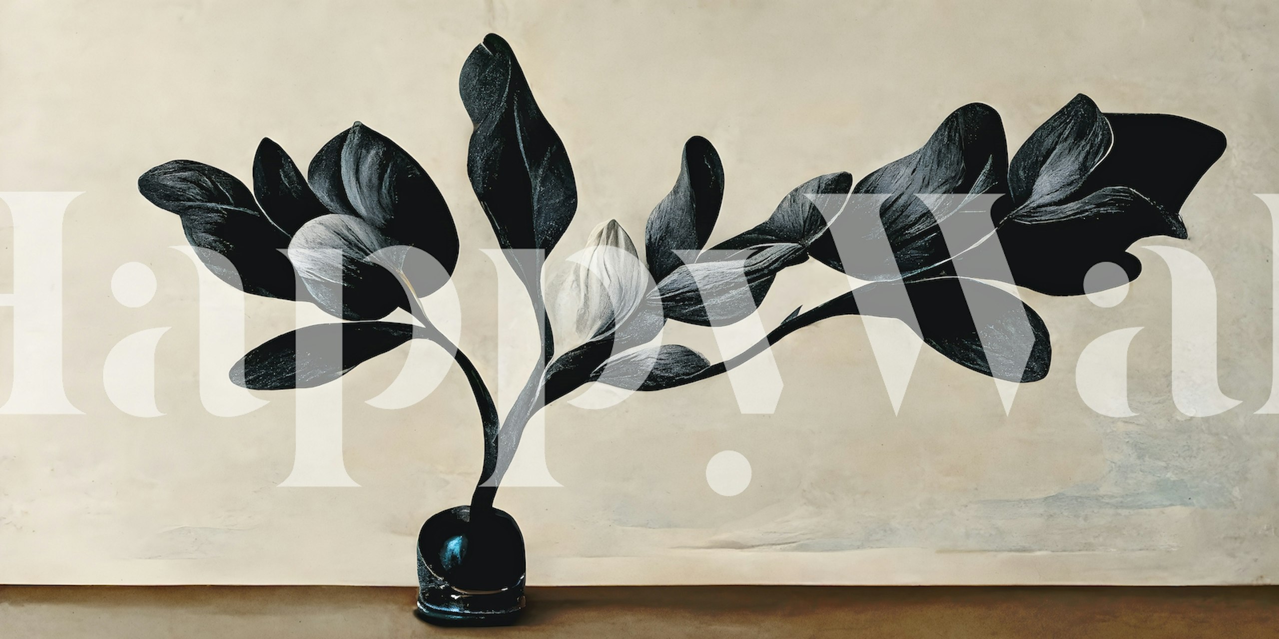 Black magnolia flowers and leaves on light background wallpaper