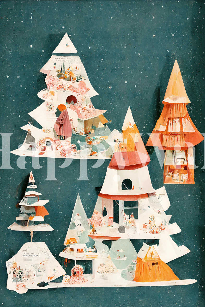 Colorful trees and cottages on a blue background wallpaper