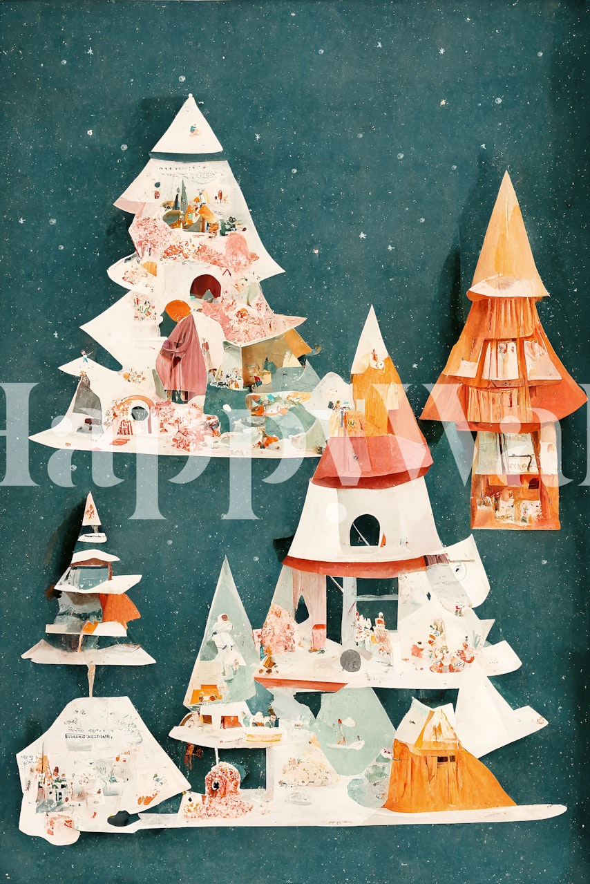 Artistieke papieren kerstbomen met huizen en dieren muurschildering