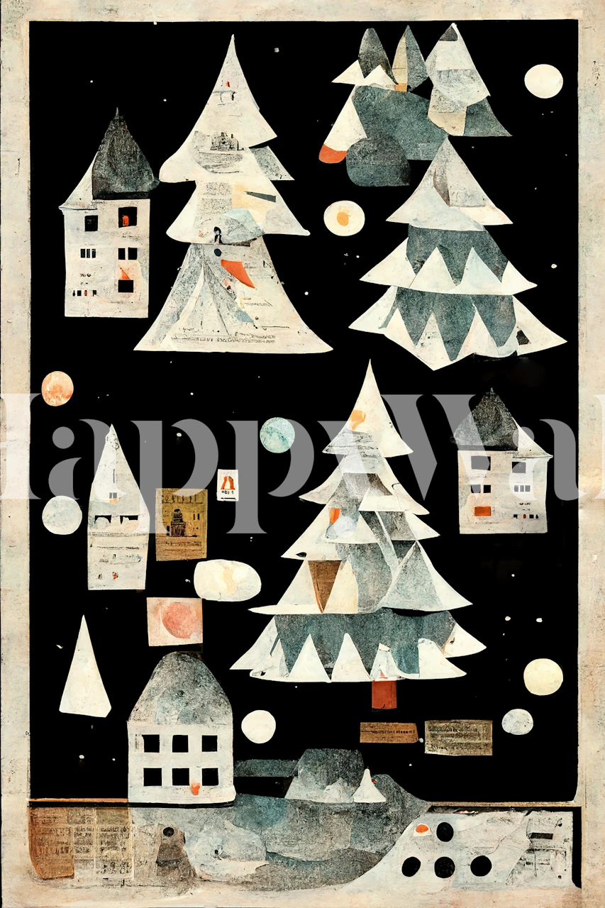 Illustratives Wandbild eines malerischen Dorfes bei Nacht mit papierähnlichen Texturen und Pastellfarben