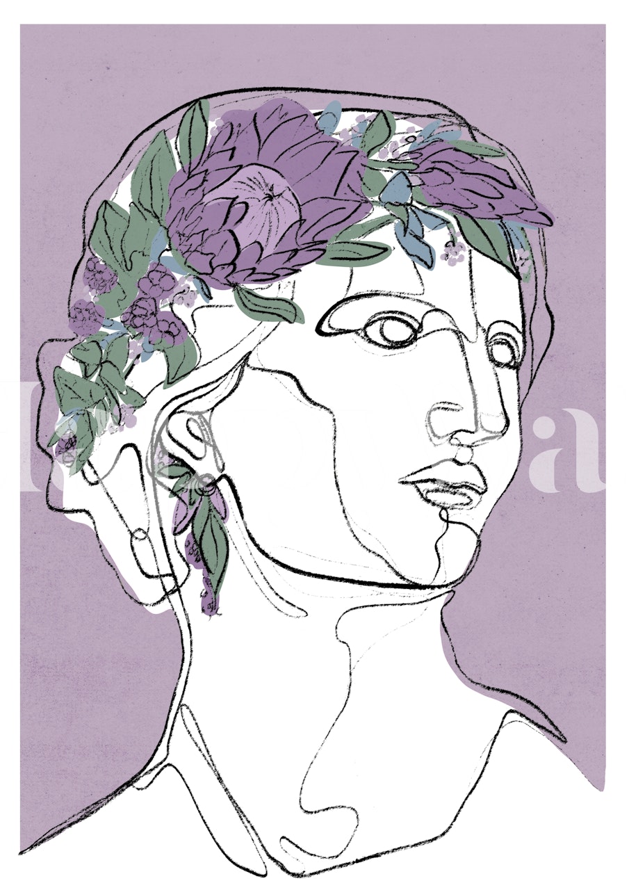 Floral abstract face design with soft purple and green colors wallpaper