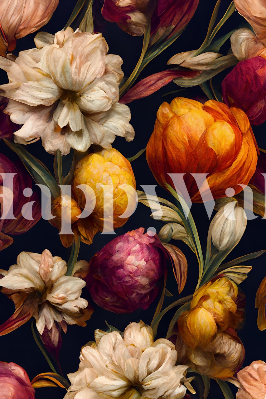 Floral pattern featuring orange, purple, and cream flowers on a dark background wallpaper