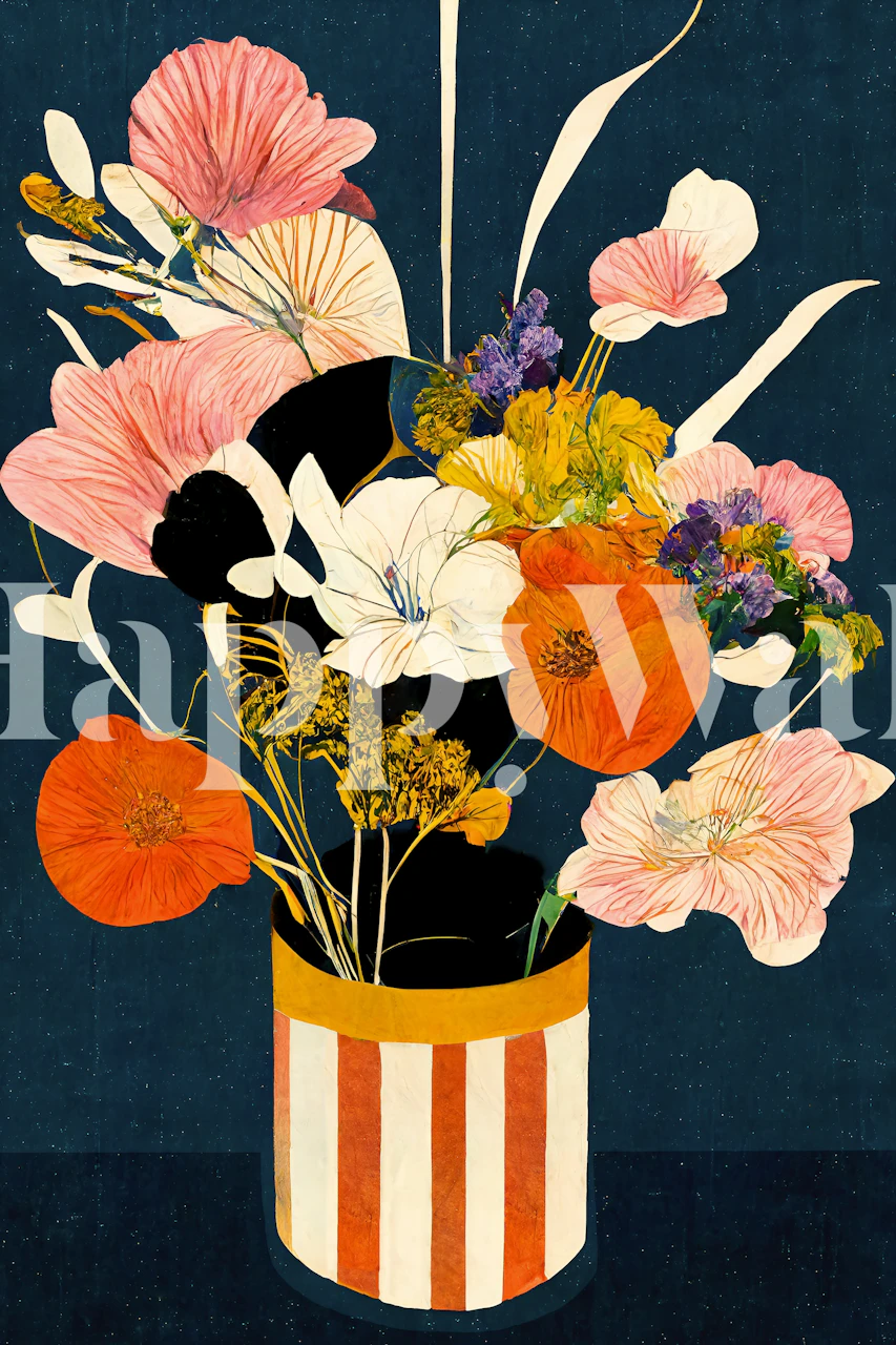 Floral bouquet wall mural with colorful flowers on navy background