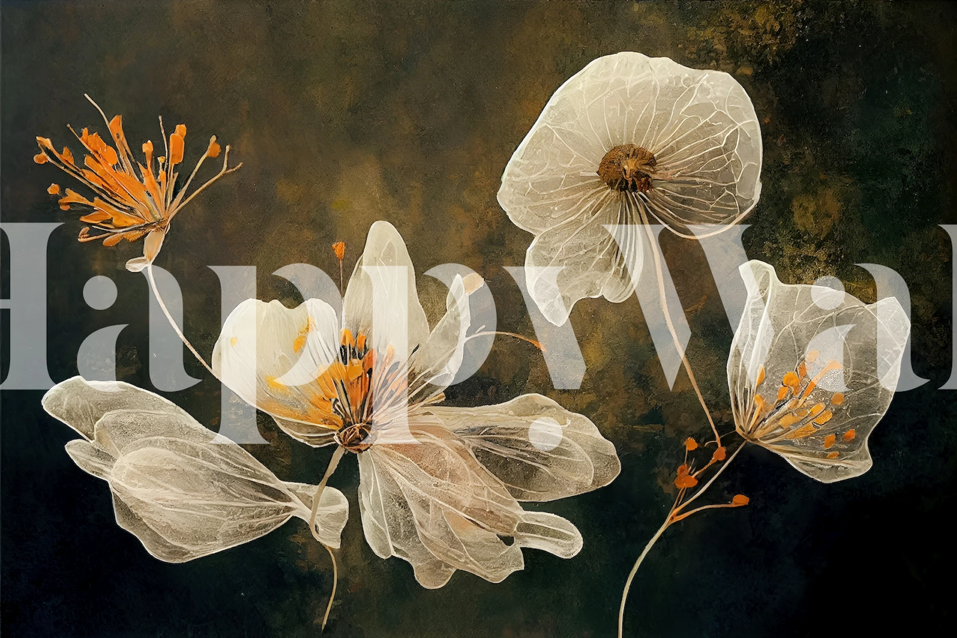 Transparent Flowers behang getoond in een kamer