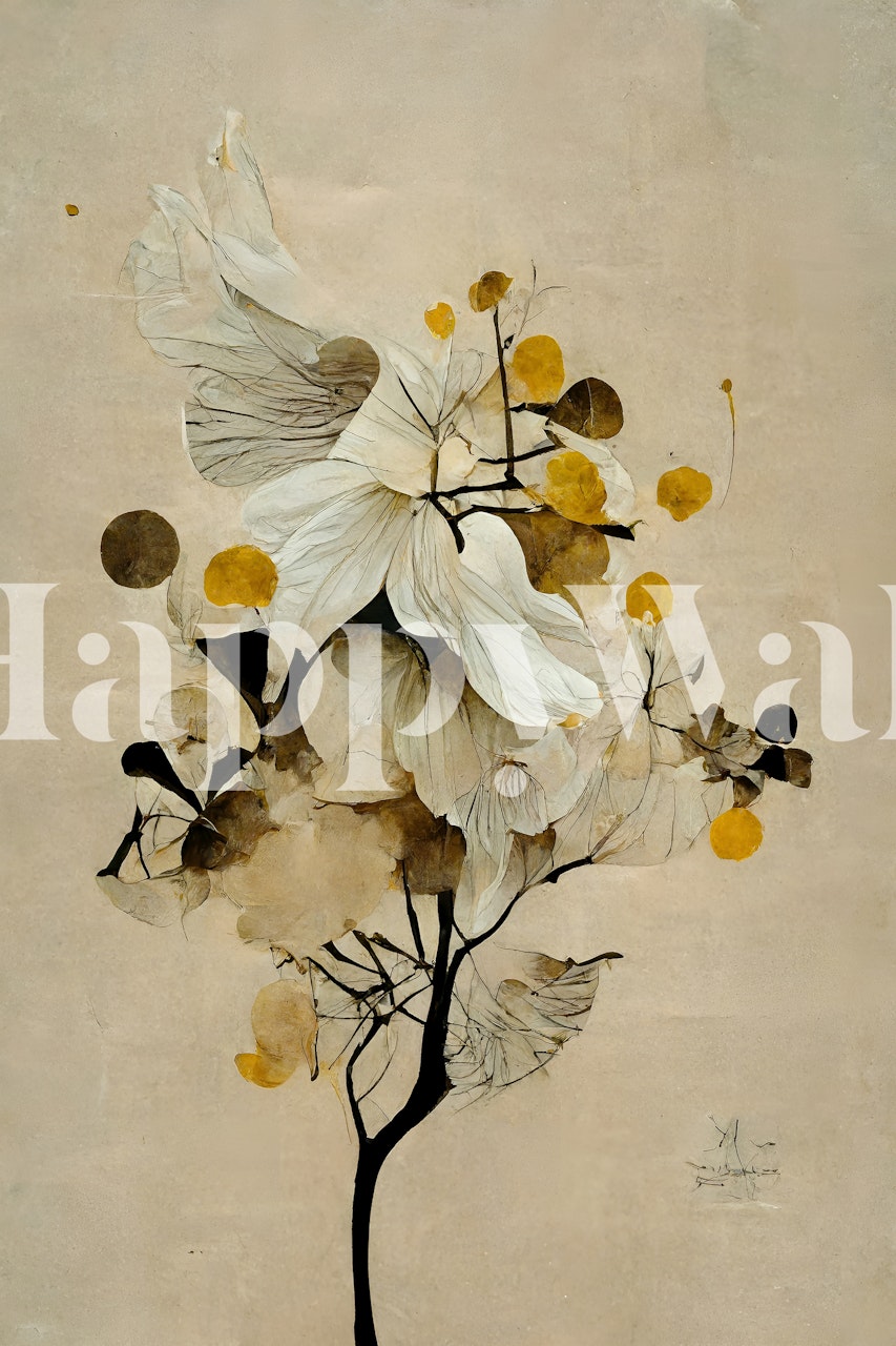 Botanical gold floral design on neutral background wallpaper