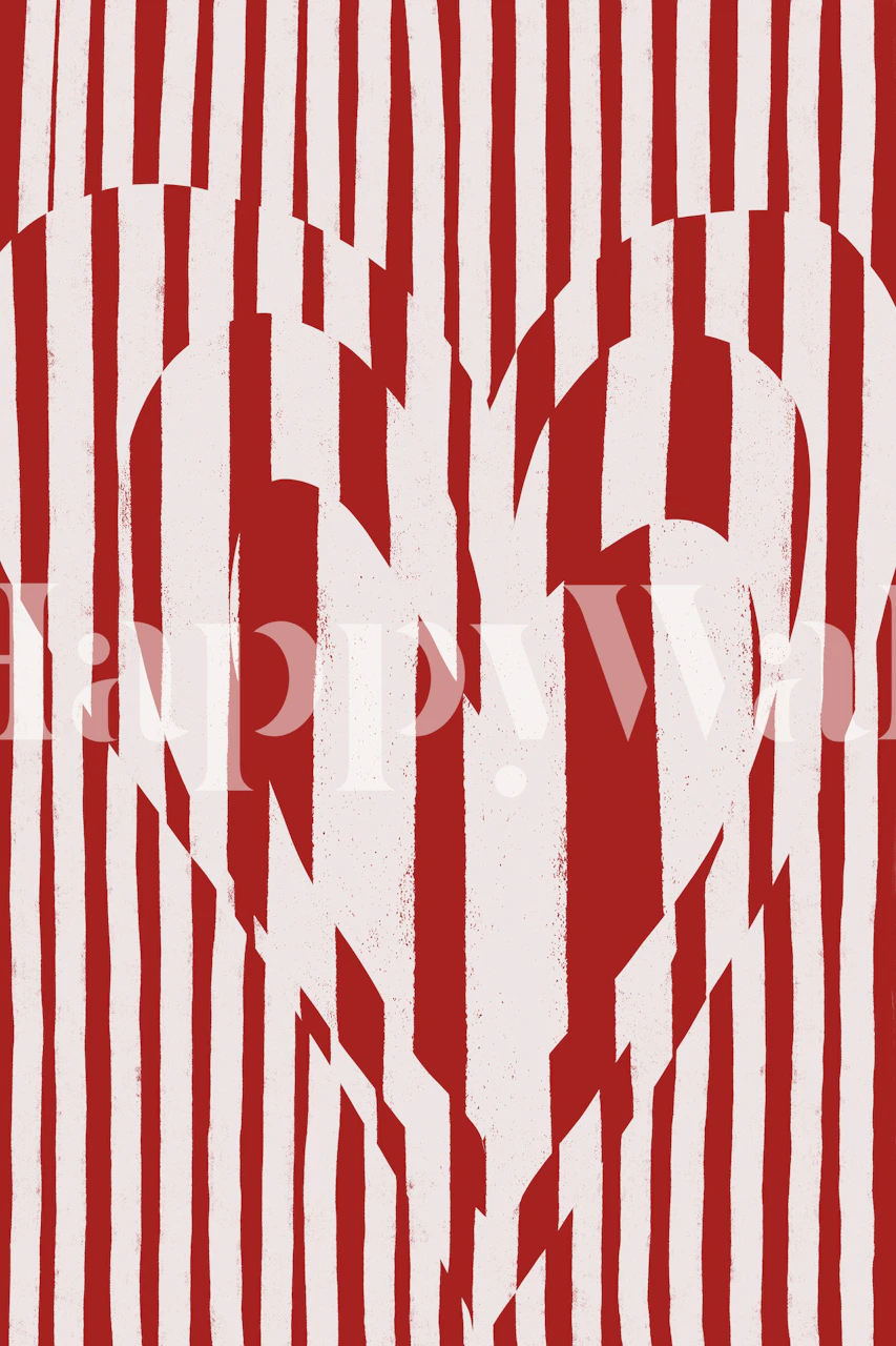 Red striped wallpaper with a large white heart pattern