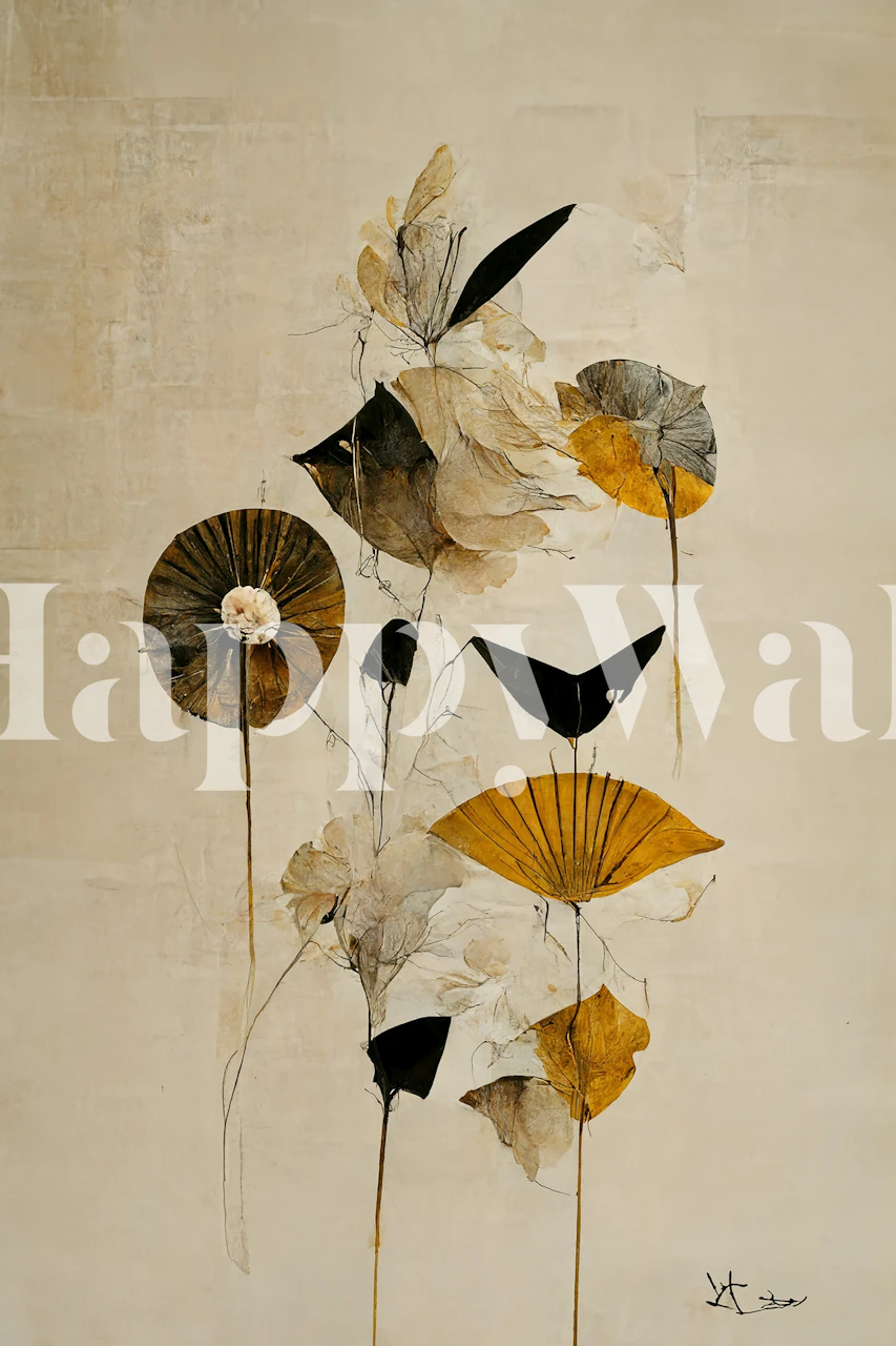 Abstract floral design with black and gold elements wallpaper