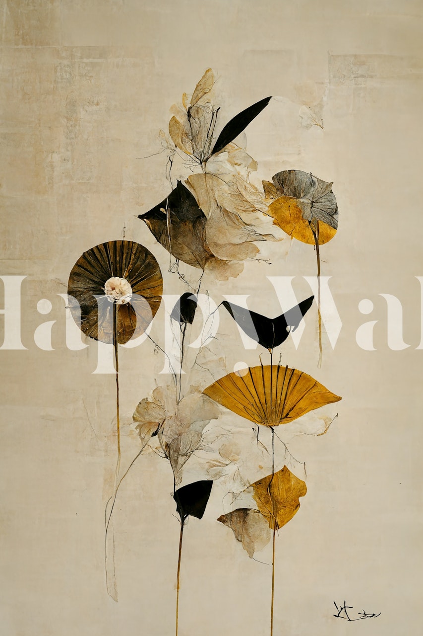 Abstract floral design with black and gold elements wallpaper