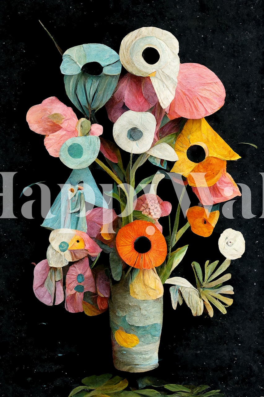 Carta da parati Les Fleurs con fiori colorati e stravaganti su uno sfondo scuro