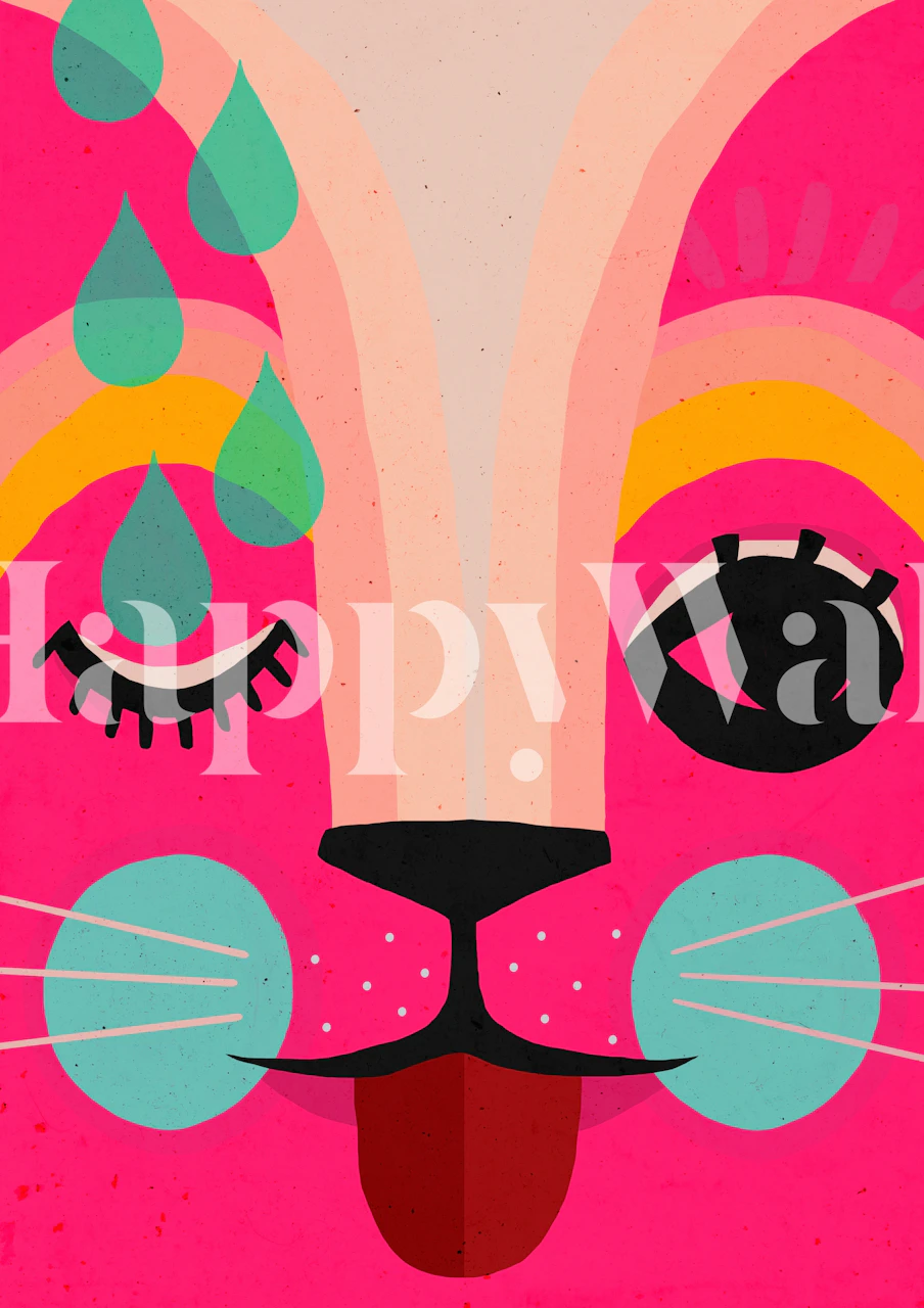Colorful cat face with pink background, teal details, modern style wallpaper