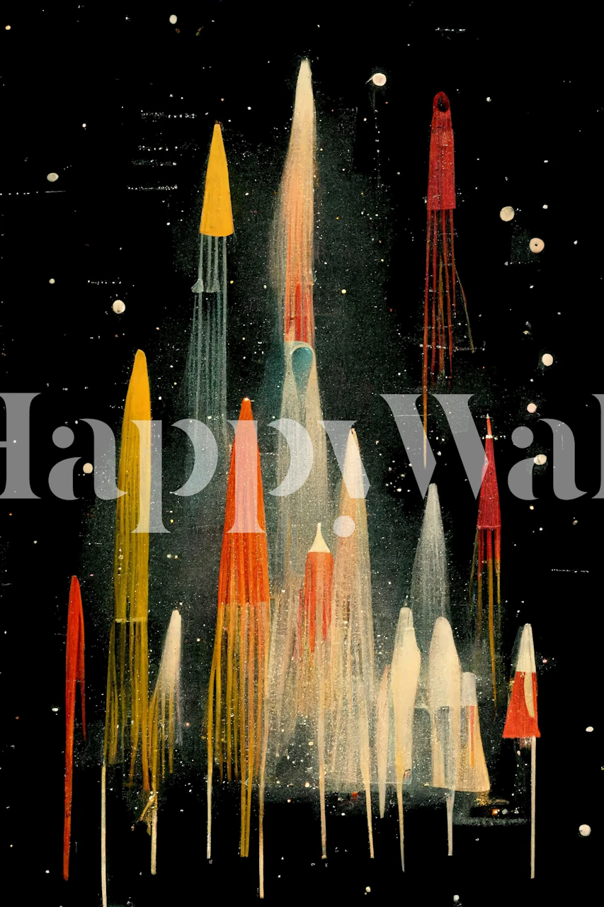 Colorful rockets in various shapes and colors on a black background wallpaper